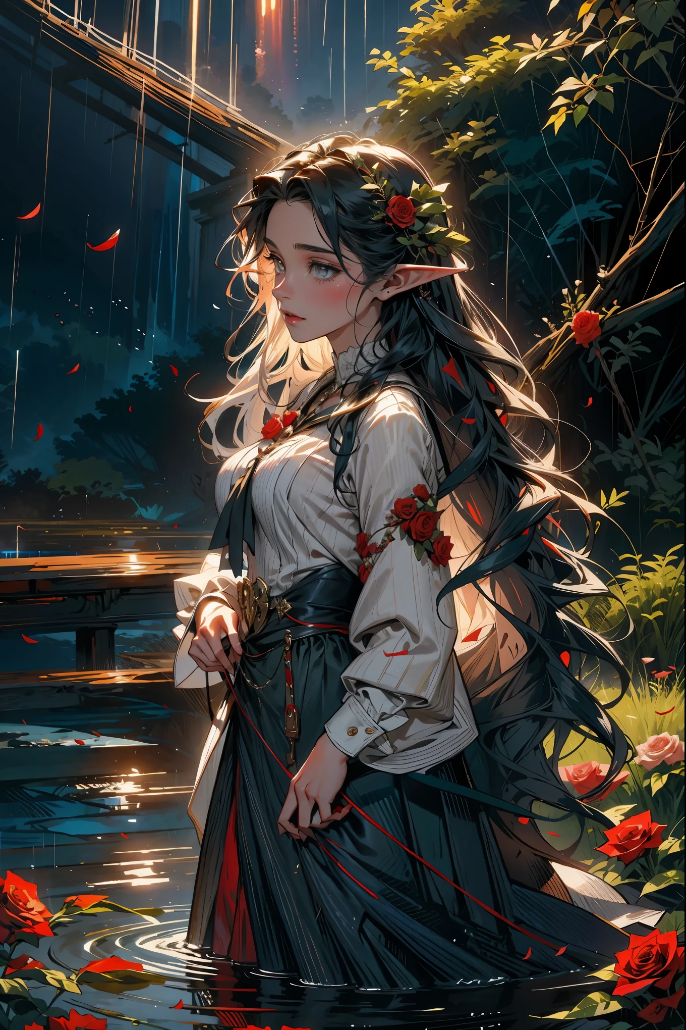 cowboy shot,full body ,elf girl, big tits, roses, rose bushes , rose petals, rain , raindrops scatter ,vivid colors, vibrant, glowing eyes,sea,ocean, waves far, ships , sailor ships, sea
