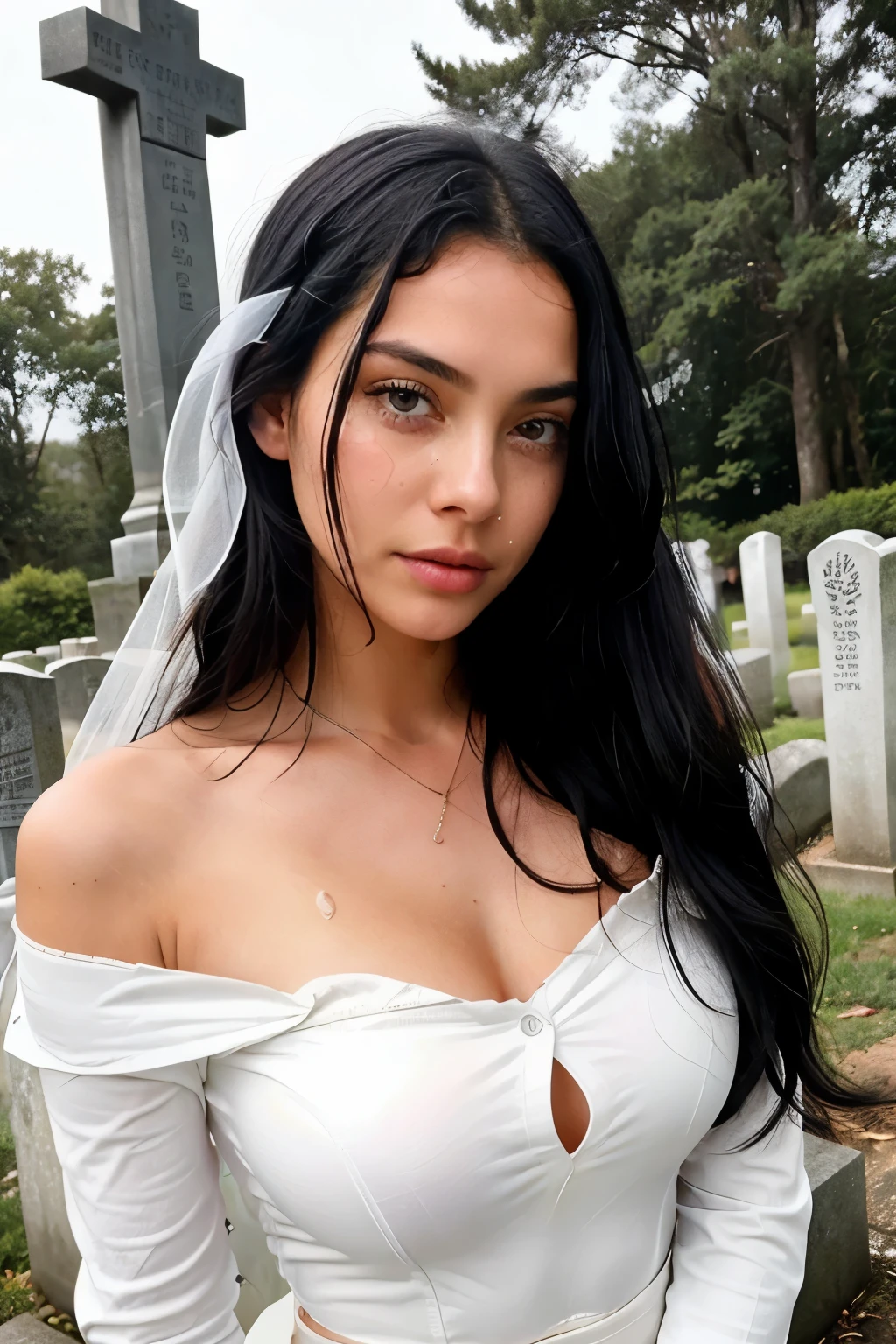 Young Woman in Wet White Jeans, Age: 25 (Mourning at her Brother's Grave with Profound Sadness)

A heart-wrenching scene of a young woman, clad in skinny, wet white jeans, stands before her brother's grave with an uncontrollable torrent of emotions. Her face, as beautiful as a fine European porcelain doll, is stained with rivers of tears that run down her cheeks. her naturally long, shiny black hair cascades over her shoulders, forming a veil that obscures her view and adds to the overall sense of sadness. Her blushing skin, a stark contrast to the paleness of her face, speaks