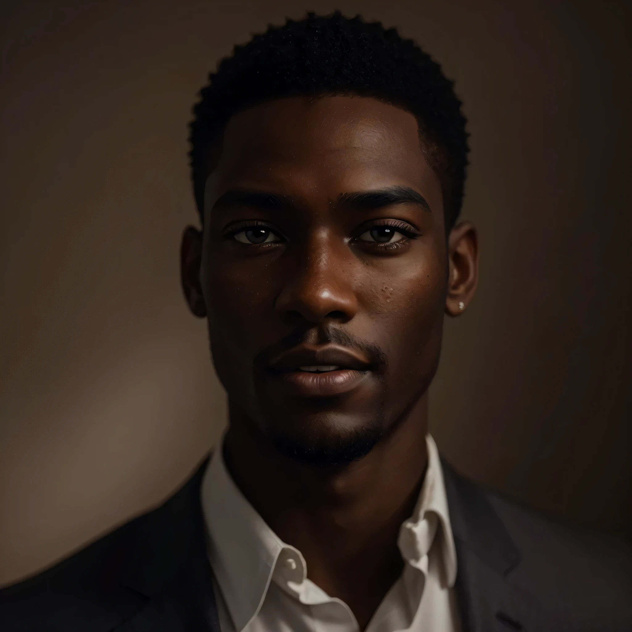An exquisite portrait of a black african man with deep ebony skin, the photograph captured in stunning 8k resolution and raw format to preserve the highest quality of details. The man's handsomeness is undeniable. He wears a slim cut suit that complements his radiant skin, and his eyes are portrayed with meticulous attention to detail, showcasing the captivating depth within. The photograph is taken with a lens that emphasizes the gentle smile in his eyes, and the backdrop is a dark studio setting that enhances the muted colors of the scene. The lighting and shadows are expertly crafted to bring out the richness of his skin tone and the subtle nuances of his features. His ginger hair, with its distinct hue, adds a touch of warmth and contrast against his ebony skin. The interior setting adds a sense of intimacy, while the freckles on his skin tell their own story. The overall composition captures his essence with authenticity and grace, creating a portrait that is a celebration of his heritage and beauty. Photography utilizing the best techniques for shadow and lighting, to create a mesmerizing portrayal that transcends the visual, slightly tilted head, (extreme iris details:1.4)
