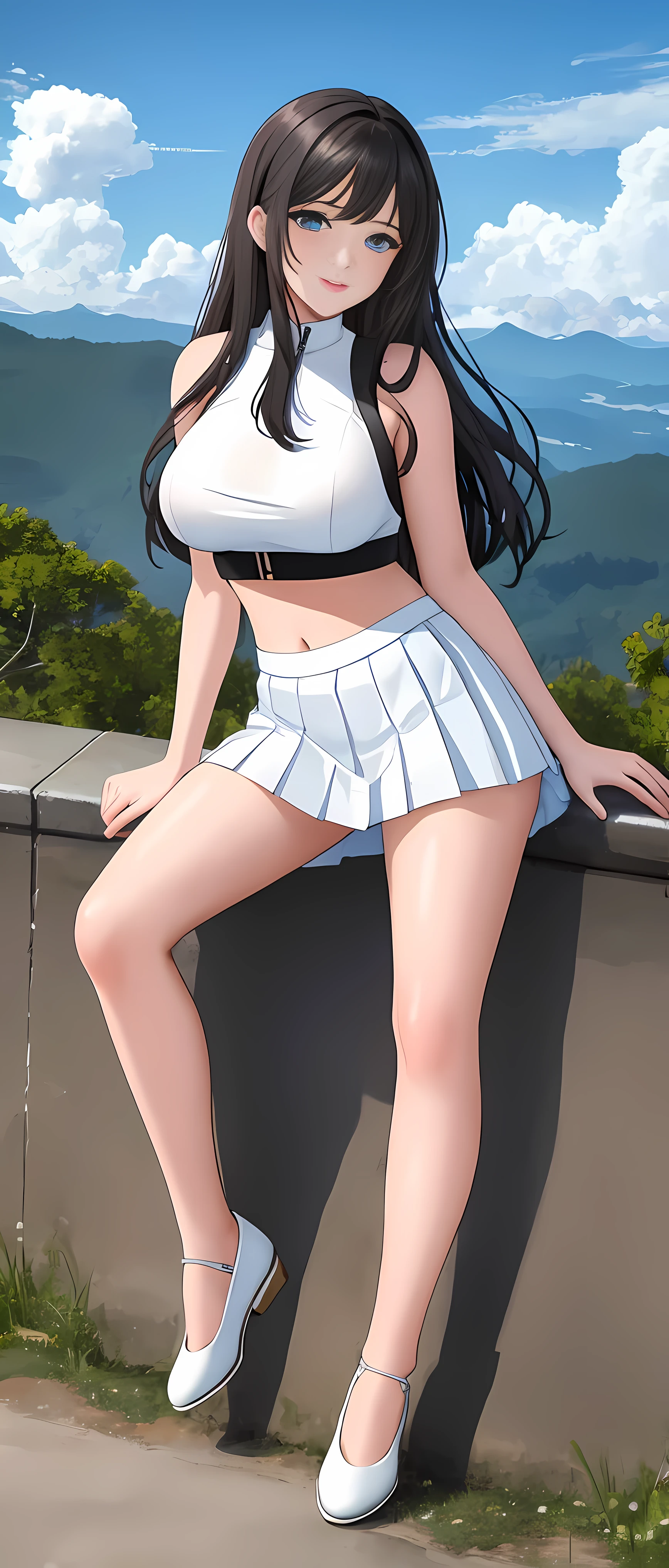 (Masterpiece, best quality, ultra-detailed, best shadow), (detailed background), (beautiful detailed face, beautiful detailed eyes), sunshine, beautiful clouds, 1woman, light smile, black long hair, past_the_waist, white crop top bangs, normal white shoes, big breasts, perfect body, prefect ass, perfect legs, perfect hand, perfect feet, perfect arms, sexy eyes, light_blue_eyes, bare feet, solo, mini pleated skirt, full lips, full_body, sitting on a mountain above the clouds looking up