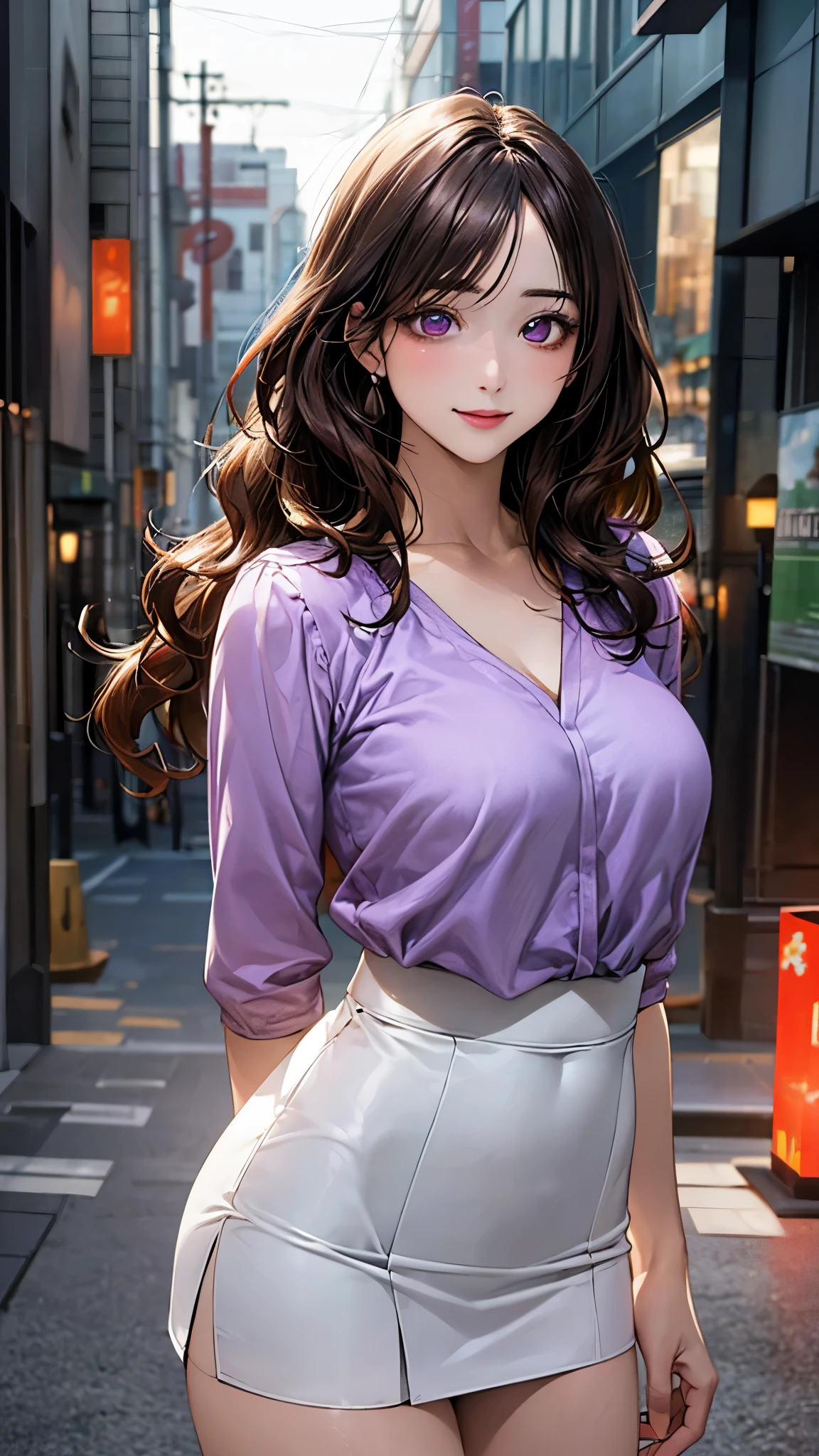 (masterpiece:1.2, Highest quality), (Realistic, photoRealistic:1.4), Beautiful illustrations, (Natural Side Lighting, Cinema Lighting),
View your audience, Cowboy Shot, Front view:0.6, 1 Girl, Japanese, high school girl, Perfect Face, Cute and symmetrical face, Shiny skin,
(Long Hair:1.8, Drill Hair:1.7, Dark brown hair), Hair between the eyes, Emerald green eyes, Long eyelashes, (Large Breasts:0.9, Thick thighs),
Beautiful Hair, Beautiful Face, Beautiful attention to detail, Beautiful clavicle, Beautiful body, Beautiful breasts, Beautiful thighs, Beautiful legs, Beautiful fingers,
((Light purple sleeveless collared shirt, Cleavage, Black tight mini skirt, High heels)), Pink Panties,
(Beautiful views), evening, Riverside, walking, Please place your hand on your chest, (Cute Smile, Upward glance),
