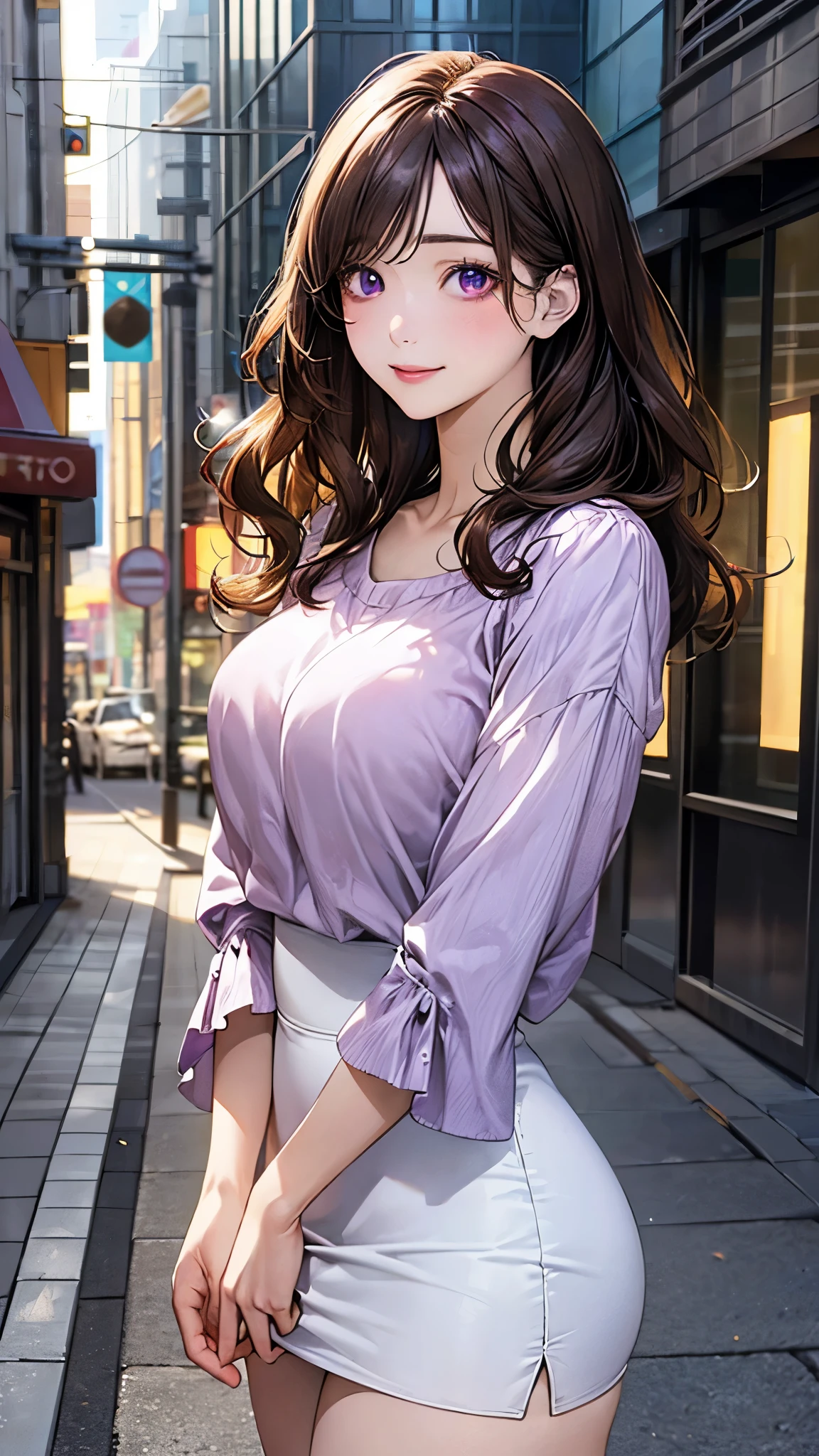 (masterpiece:1.2, top-quality), (realistic, photorealistic:1.4), beautiful illustration, (natural side lighting, movie lighting), nsfw,
looking at viewer, cowboy shot, front view:0.6, 1 girl, japanese, 24 years old , perfect face, cute and symmetrical face, shiny skin,
(long hair:1.5, wavy hair:1.4, brown hair), swept bangs, dark purple eyes, big eyes, drooping eyes, long eye lasher, (large breasts, thick thighs, big ass),
beautiful hair, beautiful face, beautiful detailed eyes, beautiful clavicle, beautiful body, beautiful chest, beautiful thigh, beautiful legs, beautiful fingers,
((light purple blouse, white tight mini skirt)),
(beautiful scenery), evening, (city street),, standing, (lovley smile, upper eyes),