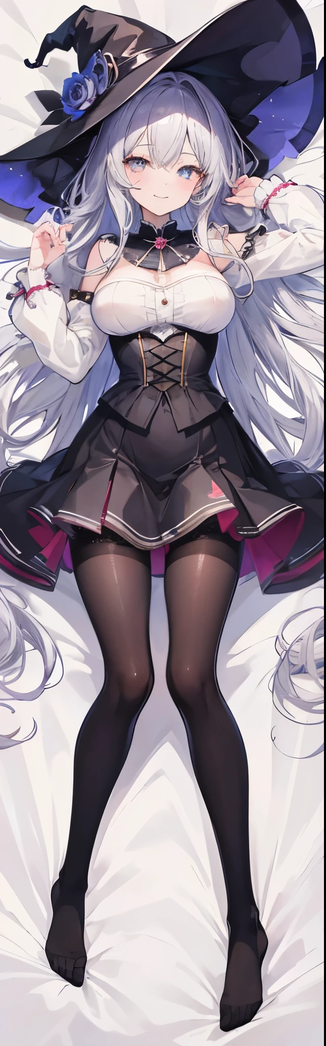 masterpiece, best quality,ultra detailed,
anime moe art style,ultra detailed face,
Perfect Anatomy,complete fingers,
full body,dakimakura illumination,
1girl,,rori,small girl,
messy curly ravishing silver super long hair,
half-open-eyes with heart-shaped pupils,
huge large silhouette,frilled impossible clothes,
blouse,skirt,pantyhotch-hat,
teasing smile,