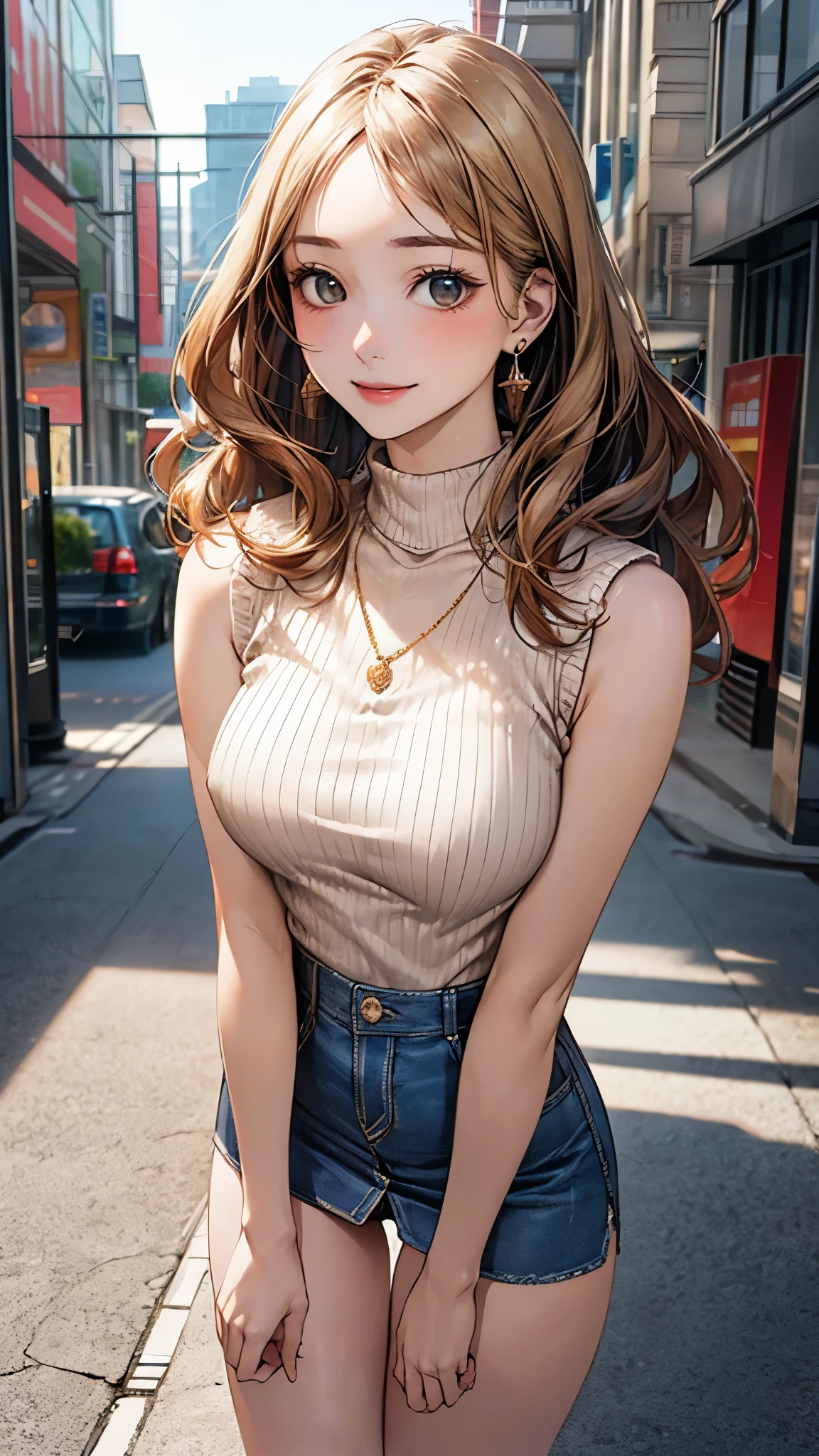 (masterpiece:1.2, top-quality), (realistic, photorealistic:1.4), beautiful illustration, (natural side lighting, movie lighting),
looking at viewer, full body, 1 girl, japanese, 20 years old, perfect face, perfect body, cute and symmetrical face, shiny skin, babyface, bare arms,
(long hair, wavy hair, sideburns, hair intakes, blond hair), swept bangs, gold eyes, big eyes, (medium breasts, seductive thighs), puffy nipple, ,
beautiful hair, beautiful face, beautiful detailed eyes, beautiful clavicle, beautiful body, beautiful chest, beautiful thigh, beautiful legs, beautiful fingers,
((symmetrical clothing, beige turtleneck sleeveless knit, denim mini skirt), , necklace, earring), high heel,
(beautiful scenery), evening, (city street), forward bends with emphasis on the chest, emphasis on the buttocks, (lovely smile, upper eyes),