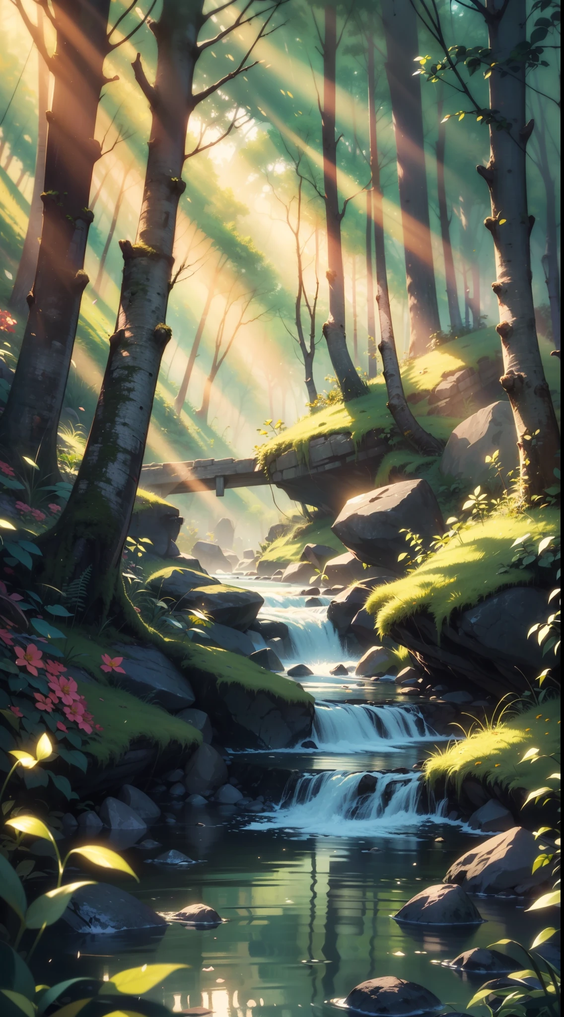 (best quality, 4k, 8k, highres, masterpiece:1.2), ultra-detailed,  an illustration of a beautiful and serene forest scene, with sunlight filtering through the tall trees, creating an ethereal atmosphere, a calm stream flowing gently through the forest floor, surrounded by lush greenery, blooming flowers adding a touch of color to the green landscape, rocks scattered around the stream, making it look natural and untouched, light effects creating a magical and peaceful mood in the image