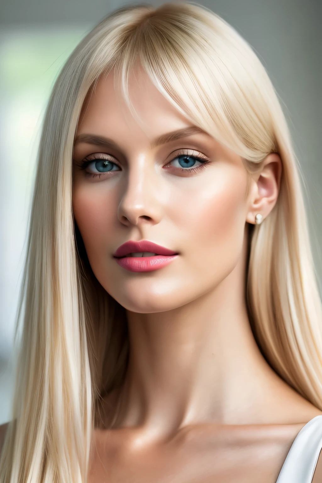highest quality, 8K, masterpiece, photorealistic, High definition, sharp focus, 1 girl, 38 year old gorgeous fashion supermodel, bright white blonde hair, medium length hair, dull bangs, hair behind the ear, long hair, slender body shape, super detailed face, delicate lips, Moderate, beautiful eyes, lipstick, light blush, perfect shiny shiny skin, invite the gaze, view audience