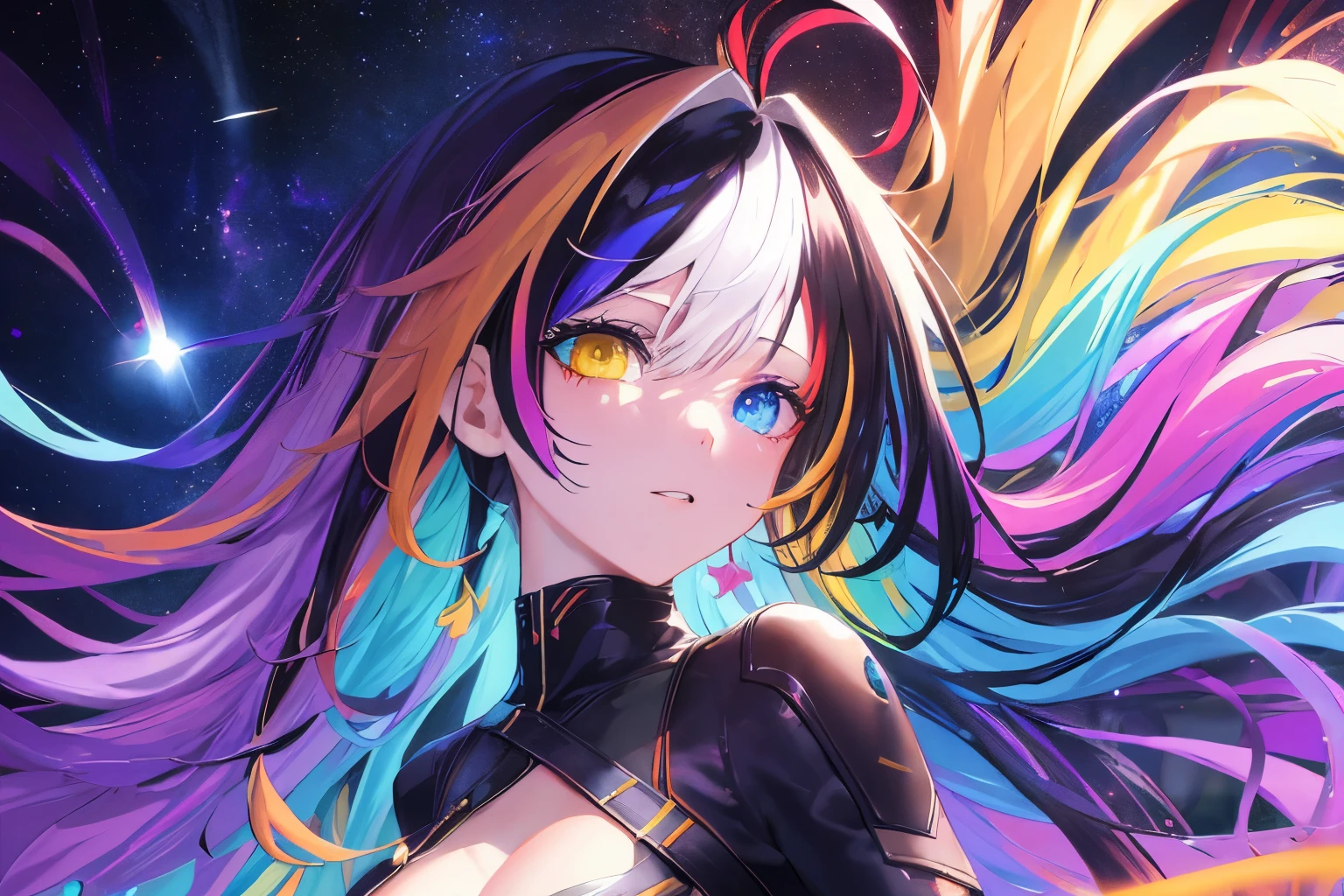 {{masutepiece}}, Best Quality, the Extremely Detailed CG Unity 8K Wallpapers, Cinematic lighting, Lens Flare, Beautiful detail eyes, Black, side glance, Multicolor Hair, Colorful light, Particle, Heterochromia, (Colorful:1.5), (Colorful hair:1.5), outer space
