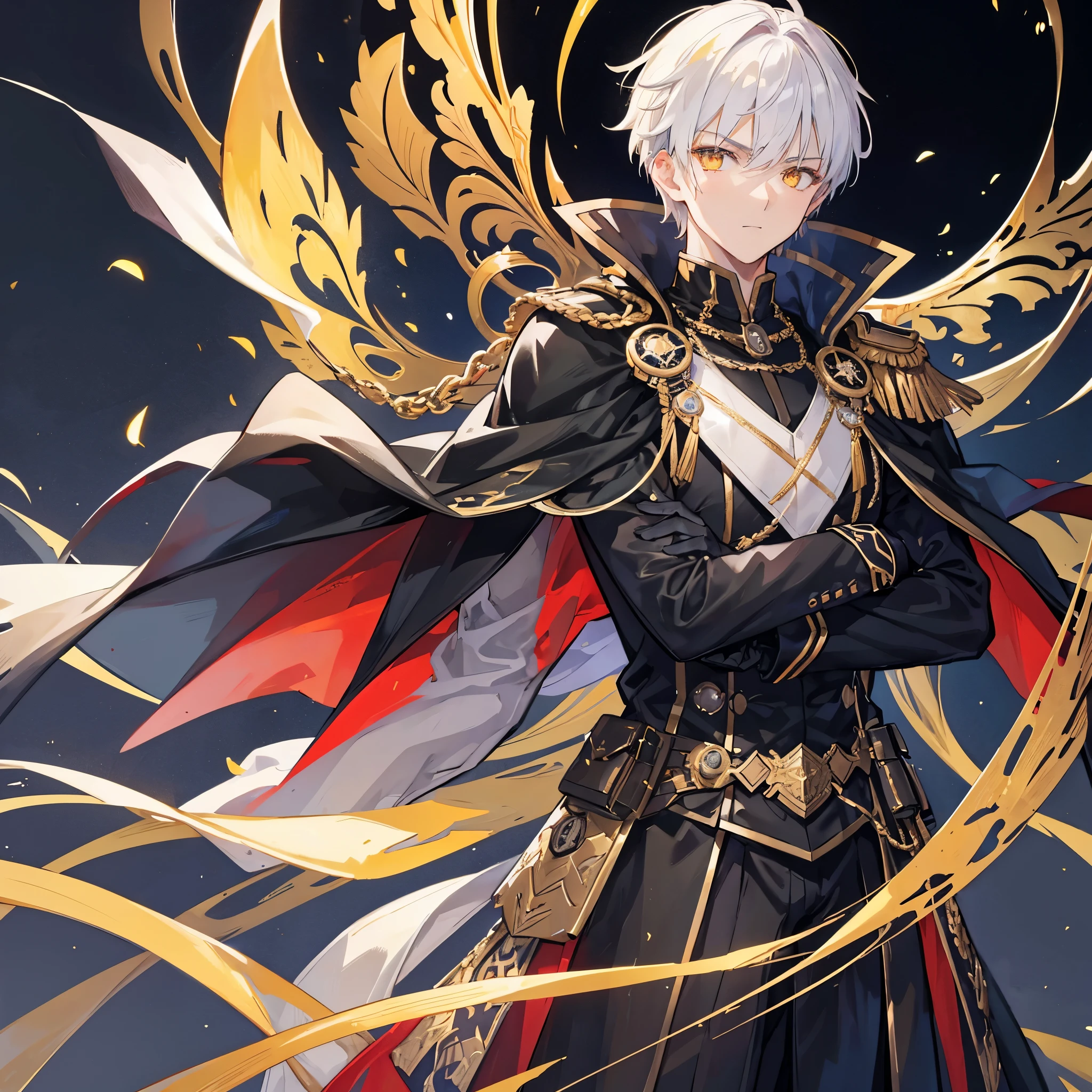 Handsome male, , short white hair, glowing golden eyes, galahad from fate, close up, calm expression, stoic, black military clothes, black cape, golden gloves, crossed arms, upper body, looking at viewer, cowboy shot, dark castle background