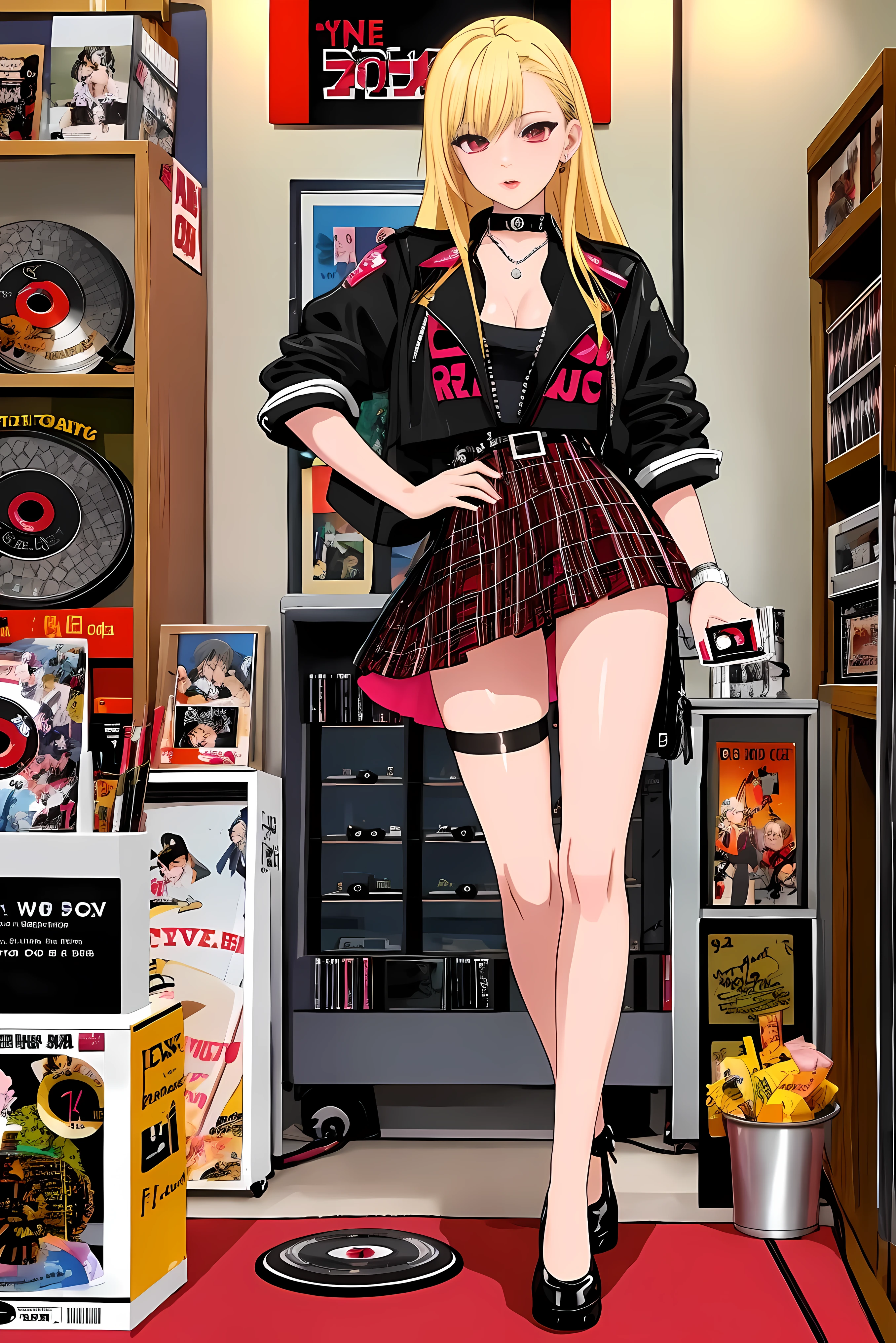 anime artwork 20 y.o. sexy punk shop salesman behind the counter wearing punk clothes, long blonde hair, skirt, red glowing eyes, punk, sexy body, sexy punk outft, music shop, (stuffed cd:1.4), (stuffed punk things), musical instruments, hires, masterpiece, best quality, detailed, extremely detailed, . anime style, key visual, vibrant, studio anime,  highly detailed