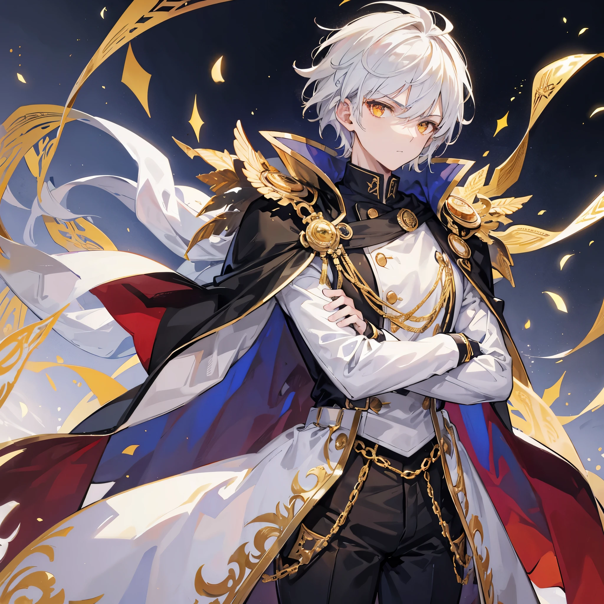 Handsome male, 17 years old, short white hair, glowing golden eyes, galahad from fate, close up, calm expression, stoic, black military clothes, black cape, golden gloves, crossed arms, upper body, looking at viewer, cowboy shot, dark castle background