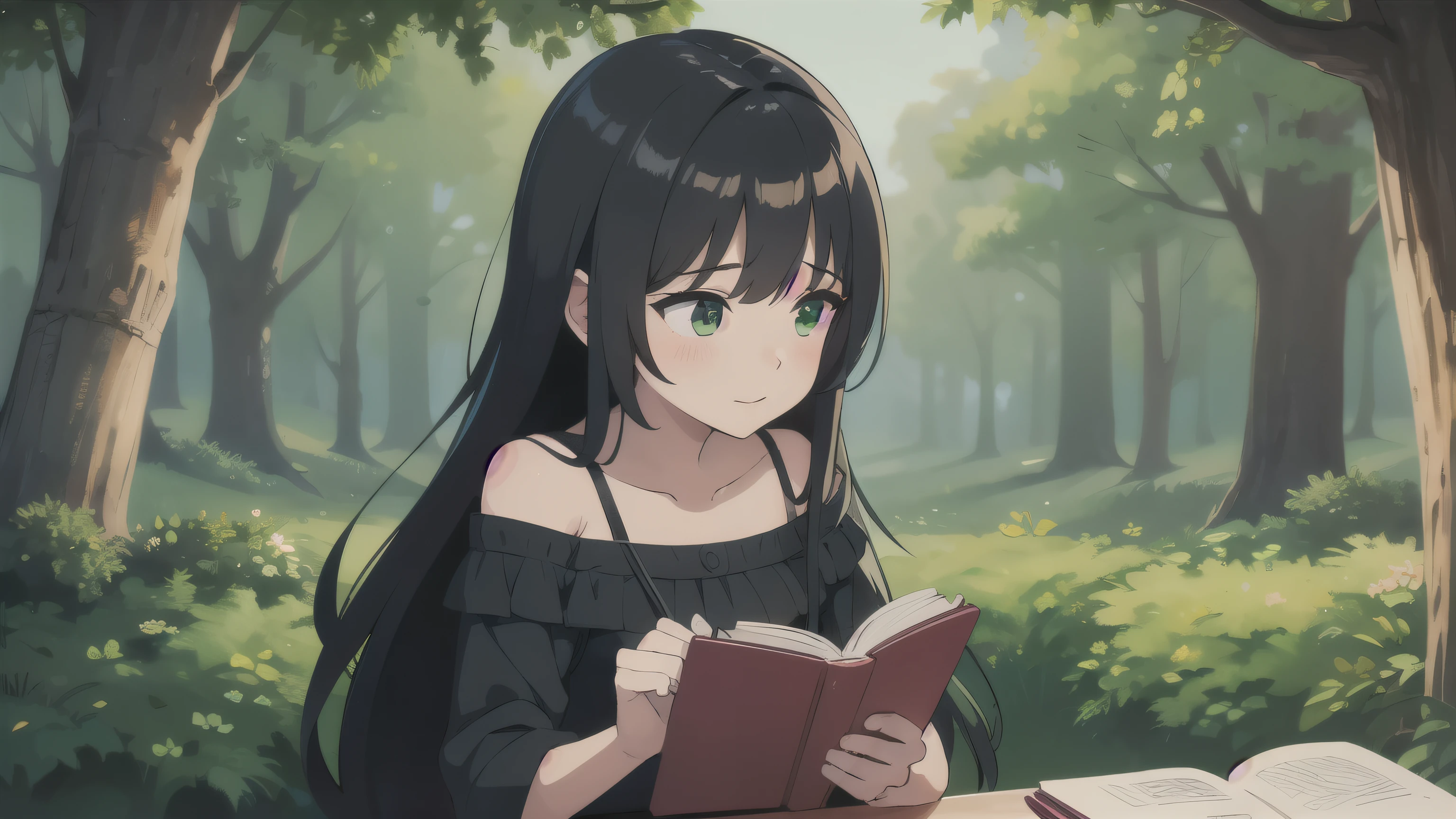 Uma linda garota kawaii lendo um livro, cabelo preto longo , em uma floresta, night time, vestido verde, tree