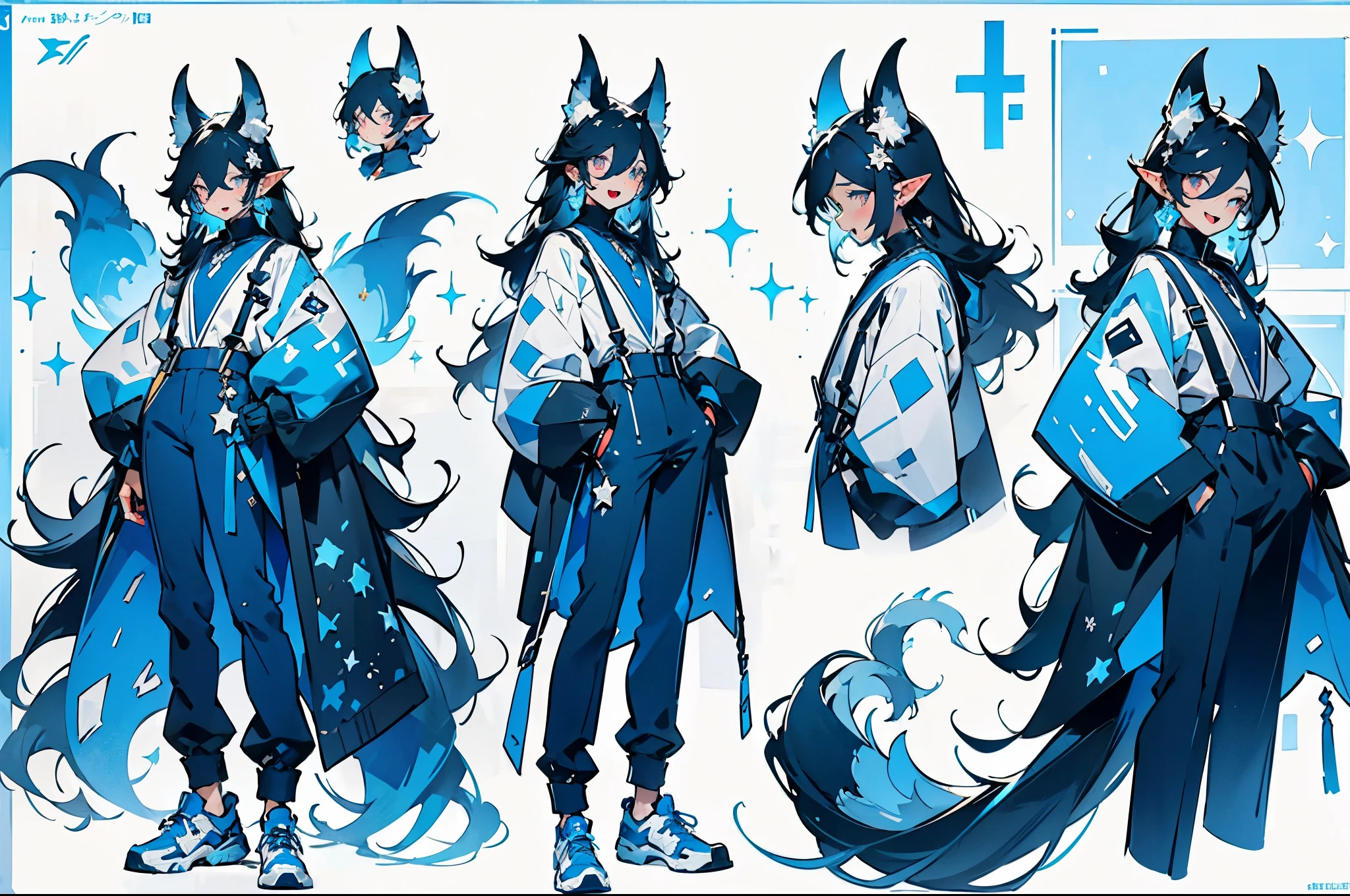 Character OC design, the same person multi-angle painting, multi-angle painting, the theme color is blue, the best picture quality, boy, tall and thin, long legs, handsome, white skin, elf ears, thick hair, a pair of demon horns on the head, the horns are bright blue, the horns have a sense of crystal transparency, the corners are slightly reflective, the characters are wearing gorgeous blue and black clothes, the collar is blue, the clothes have blue patterns, the clothes have two color suspenders of moderate blue length, and the tail of the suspenders has small silver circles, Long black and blue pants, blue patterns on both sides of the pants, sneakers, shoes black and blue, a small blue star decoration on the surface of the shoes, the figure has a slender fox tail, the tail is black and blue, standing, hands in the pocket of the blouse, squinting slightly, pupils are bright blue, diamond-shaped pupils, open mouth, open mouth smile, slightly sticking out the tongue, tongue is blue, expression is slightly disdainful, expression is slightly mocking, the background is pure white.