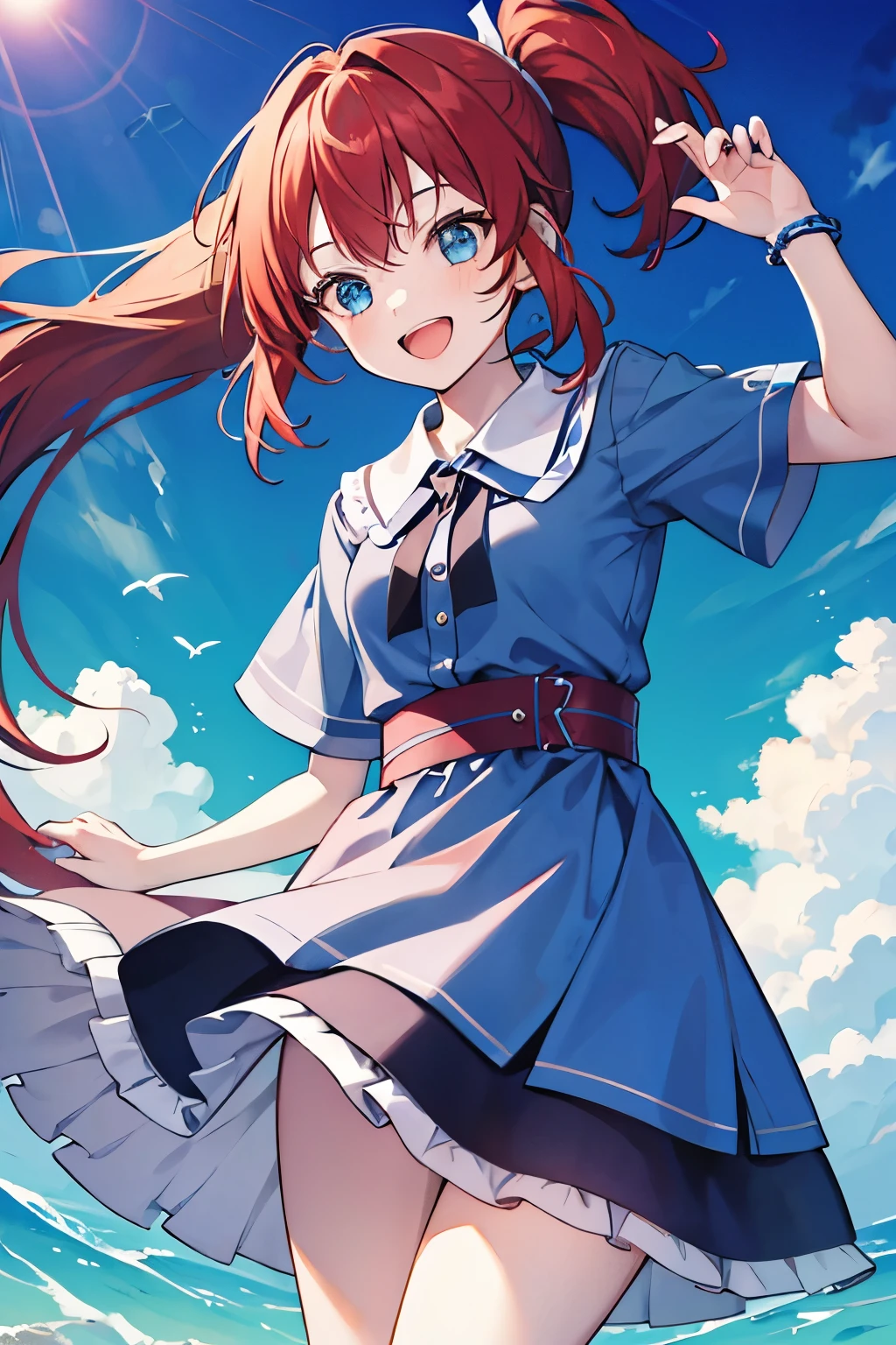 1 girl, redhead, long hair, (ponytail), upside ponytail, blue eyes, (wearing a dress), flying In the sky, ((flying In the above)), In the sky, (In the above), smile, Happy, blue sky, sunny, sun