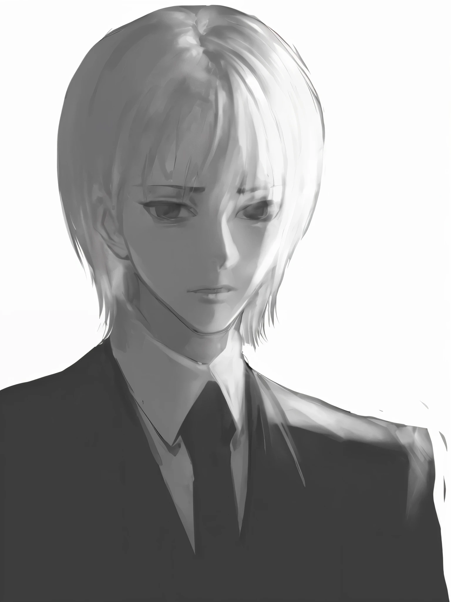 Side image,black and white,Lit on the right,Strong exposure ,Delicate depiction,More nuanced portrayal,black suit,HD,detailed face,Stronger contrast