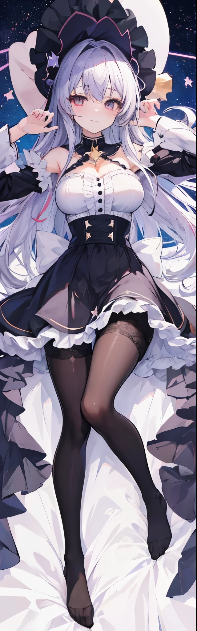 masterpiece, best quality,ultra detailed,
anime moe art style,ultra detailed face,
Perfect Anatomy,complete fingers,
full body,dakimakura illumination,
1girl,,rori, girl,
messy curly ravishing silver super long hair,
half-open-eyes with heart-shaped pupils,(((star👁️🗨️))),
huge large breasts silhouette,frilled impossible clothes,
blouse,skirt,pantyhose,witch-hat,
teasing smile,