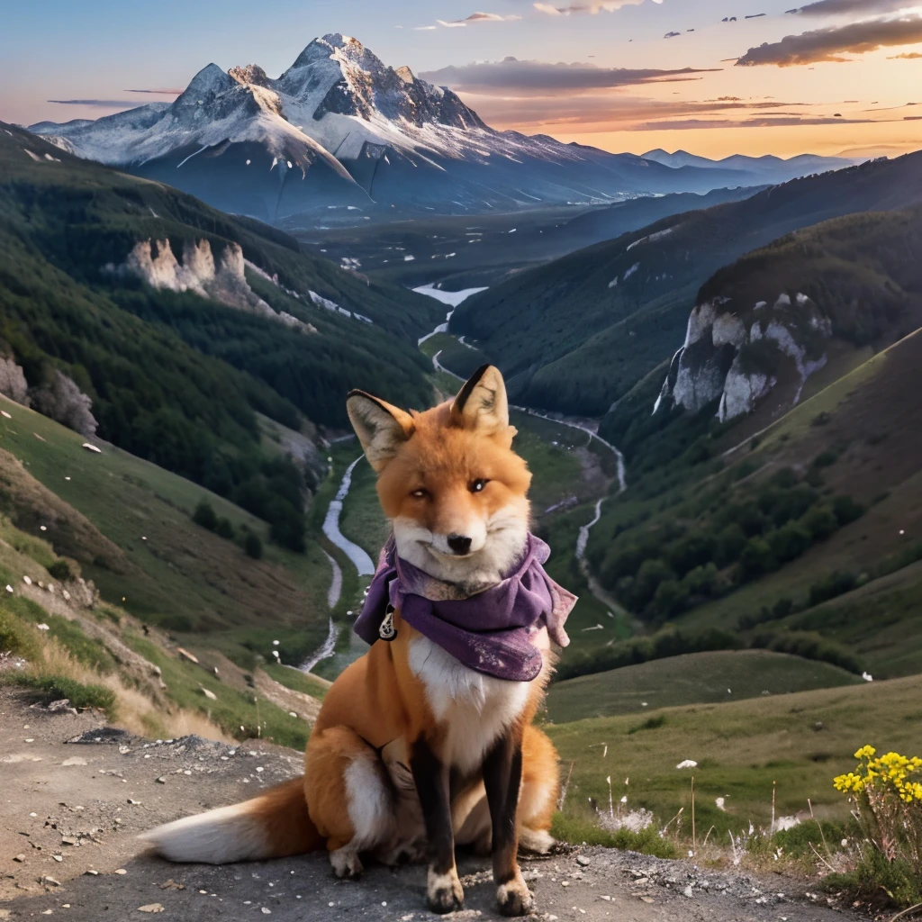 An anime-style fox with orange fur and white markings is sitting on the edge of a steep cliff, gazing at the sky with a wistful expression. The sky is a stunning gradient of purple, pink, and blue, with a few wispy clouds. In the far distance, snow-capped mountains rise above the horizon, creating a majestic contrast. The cliff overlooks a vast grassland that stretches as far as the eye can see, dotted with trees and flowers. The fox is wearing a scarf, indicating that it is on a long journey. The scene is serene and beautiful, but also lonely and melancholic. The fox seems to be searching for something or someone in the sky, or perhaps reminiscing about a past adventure.