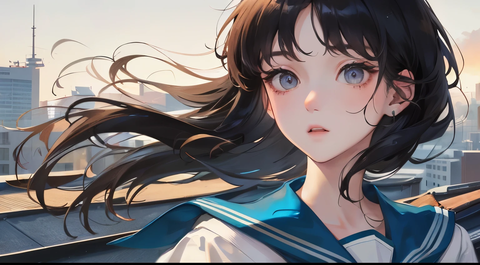 (((1 woman)))、(highest resolution、clear_image)、(((Hair disheveled by the wind))), (((sailor suit)))、best quality、((Semi-long hair)),、contrast of light and shadow、(((school rooftop))))、((illumination))、very detailed、Semi-realistic、black hair、、Expressionless、bangs、20-year-old、office　Lady,,young、((View from the front))、delicate facial features facial features、