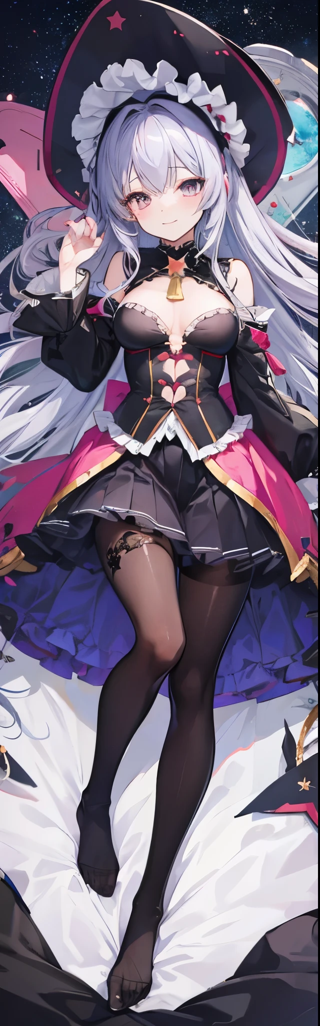masterpiece, best quality,ultra detailed,
anime moe art style,ultra detailed face,
Perfect Anatomy,complete fingers,
full body,dakimakura illumination,
1girl,,rori, girl,
messy curly ravishing silver super long hair,
half-open-eyes with (((star👁️‍‍🗨️))),
huge large breasts silhouette,frilled impossible clothes,
blouse,skirt,pantyhose,witch-hat,
teasing smile,