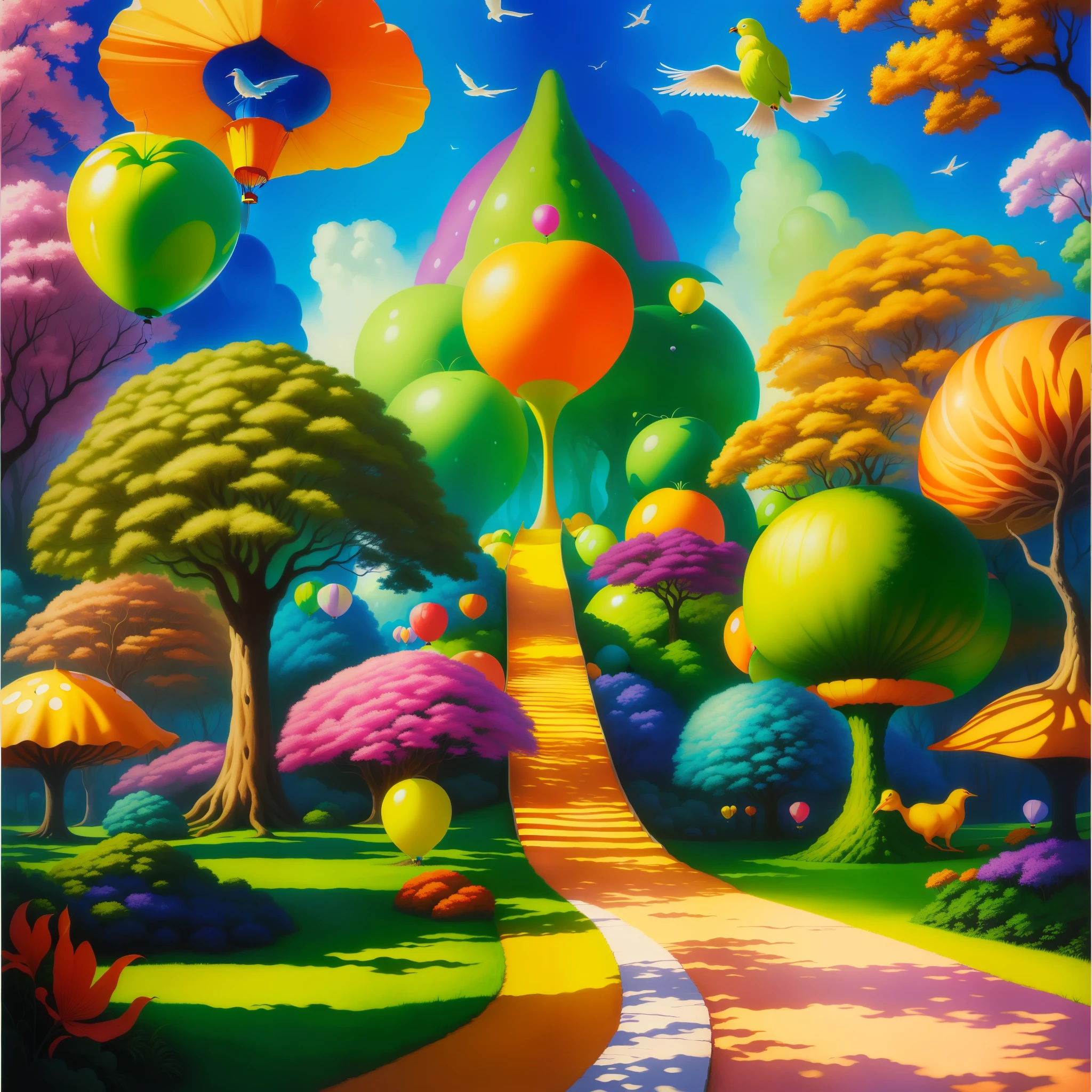 a painting of a pathway leading to a colorful forest with balloons, whimsical fantasy landscape art, vibrant cartoon art, inspired by Jacek Yerka, a beautiful artwork illustration, magic world. colorful, colorful concept art, colorful illustration, candy forest, colorfull illustration, colorful hd picure, jacek yerka and vladimir kush, colorful art, surrealistic painting