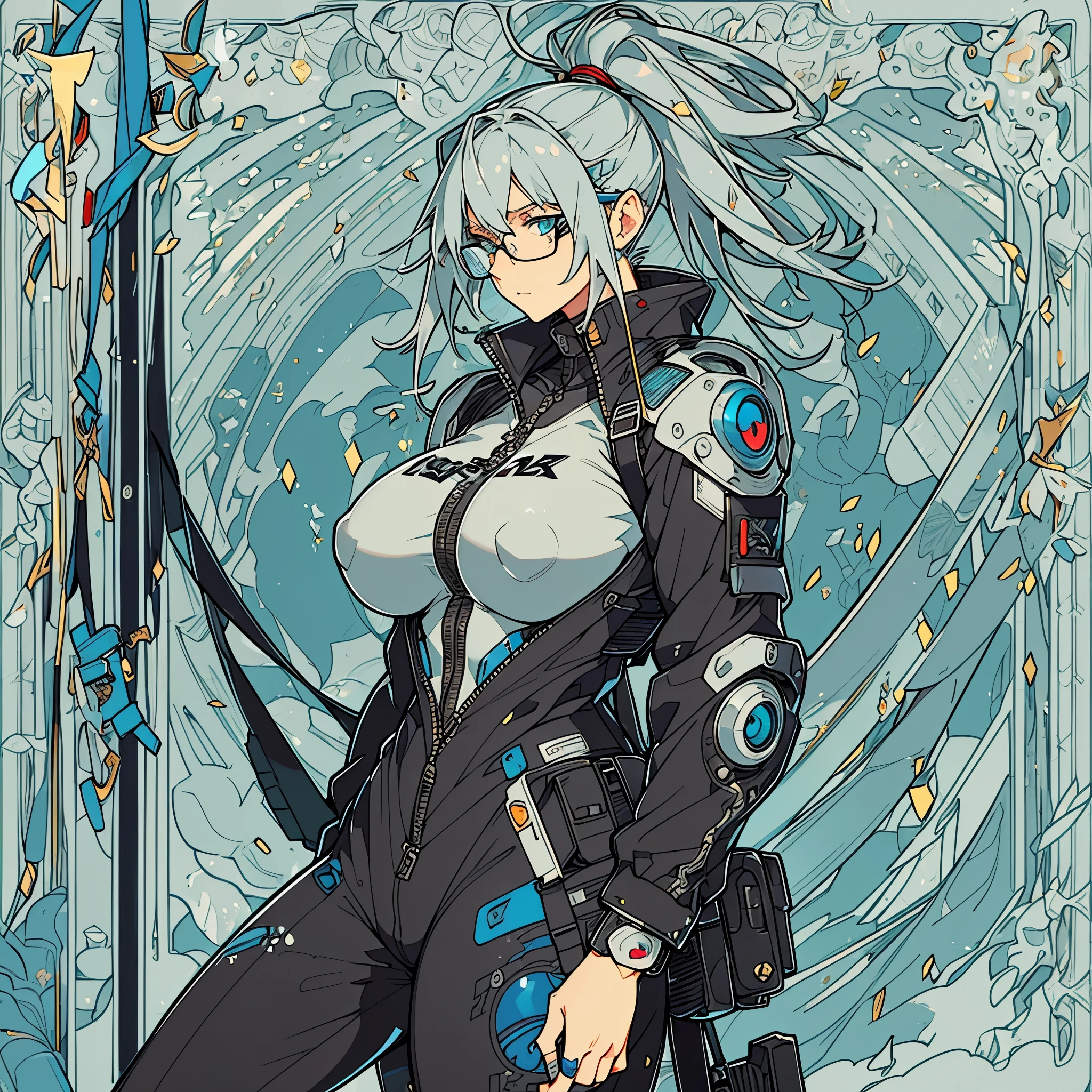Ultra-detailed,high resolution,Ultra-detailed,Best quality,amazing,quality,intricate details,Extremely detailed CG unified 8k wallpaper,tarot cards,cyberpunk characters,cyborg,(huge breast),silver hair,Black Jumpsuit,blue eyes,red framed glasses,((((1 female)))),26 years old female,Hair tied into a ponytail