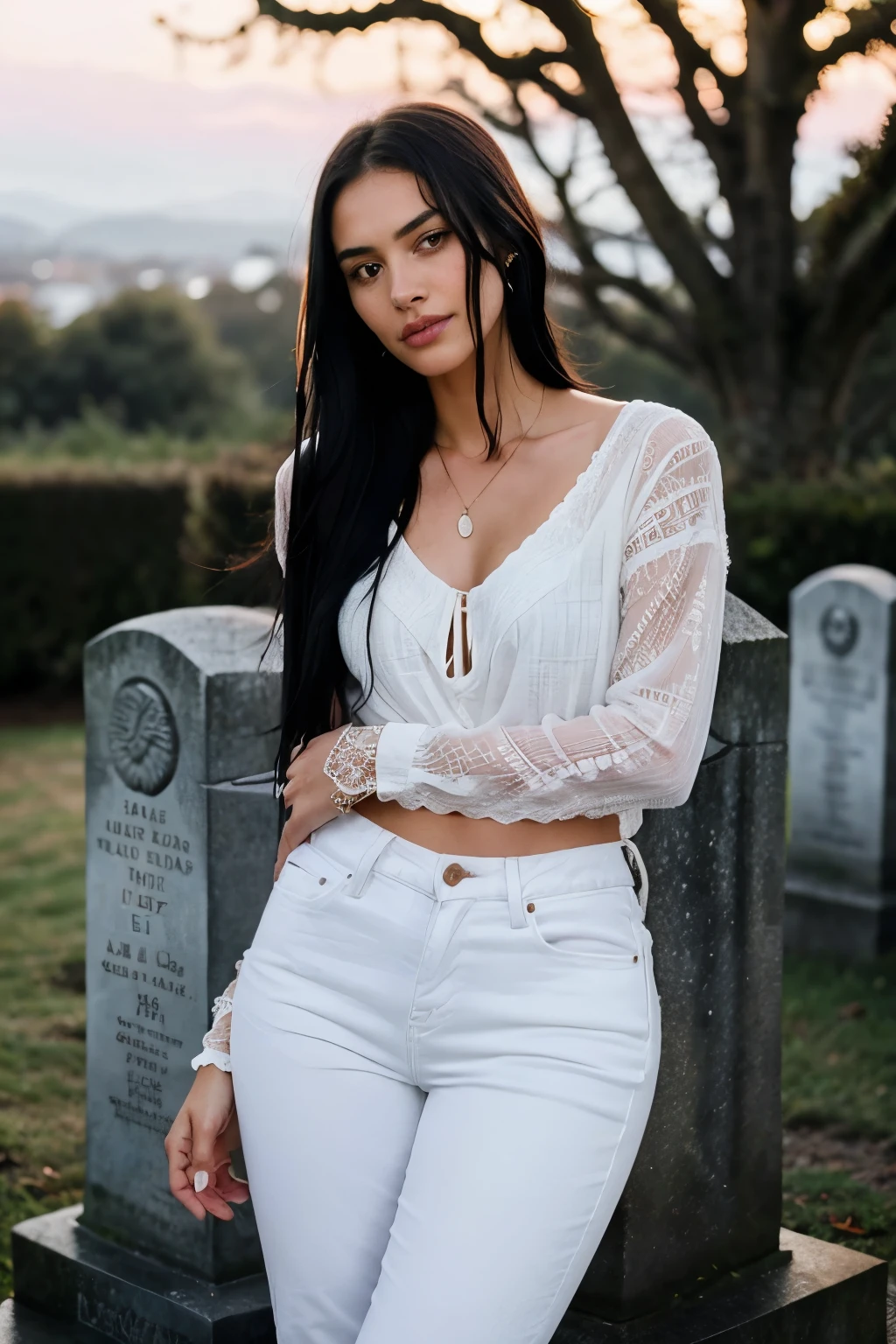 Generate me a very dramatic and emotional image of a young woman, 25 years old, wearing a pair of very wet and skinny white denim trousers. Her beautiful, European face, adorned with a shining, long, straight black hair, is etched with deep sorrow and tears streaming down her cheeks. Her eyes, filled with an immense sadness, fixedly gaze upon her brother's grave. The image is a highly detailed, intricate masterpiece, rendered in best quality and sharp focus. Her skin, with its realistic textures and natural blushes, glows in the soft, aching light of the setting sun. The scene is captured in a profoundly moving, 4K photograph