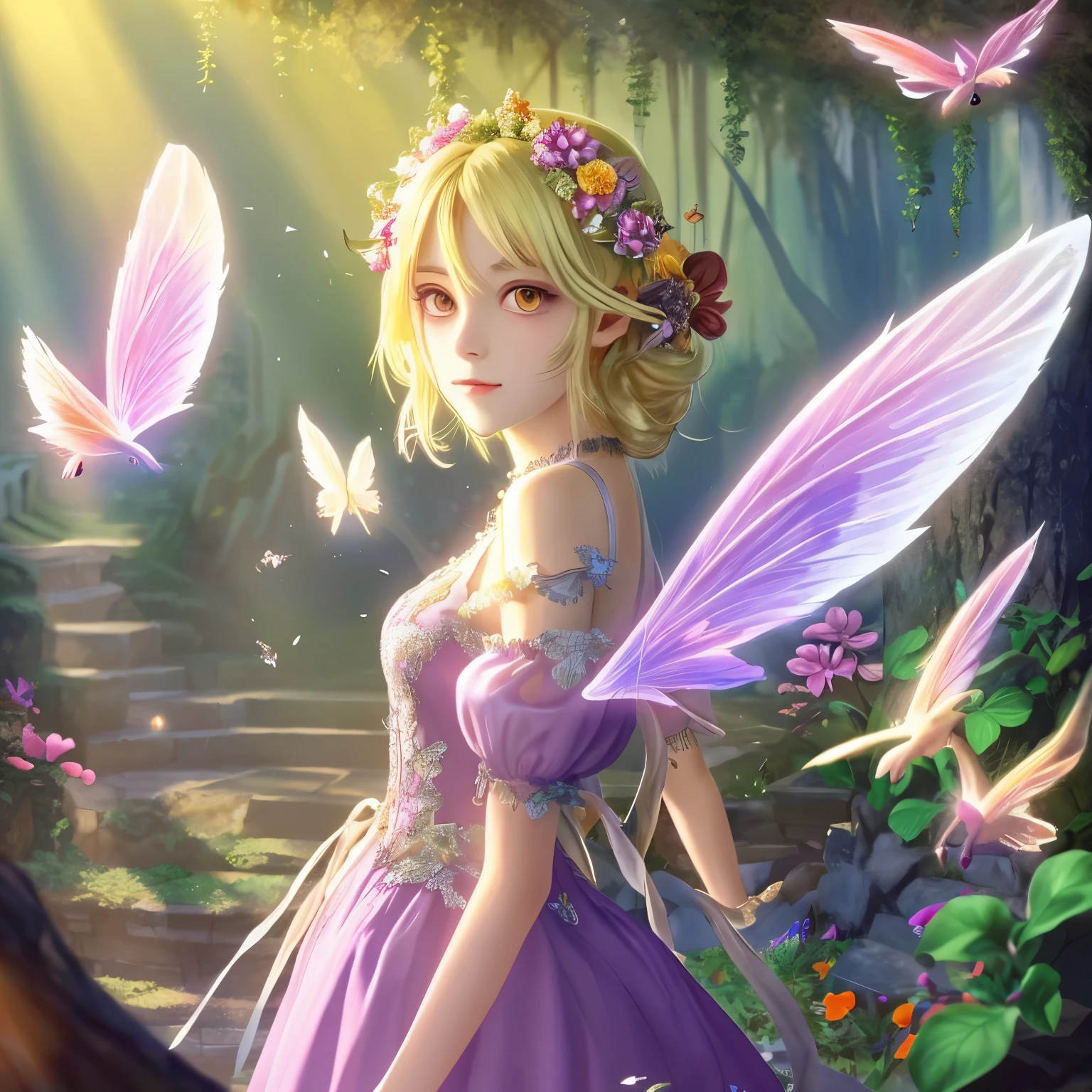 Make a picture where a beautiful fairy is bound, wearing a sheer skirt, in a gr3ysh33r medium, with detailed wings and a magical glow. The background should be enchanted forest with sparkling lights and soft sunlight. The fairy's eyes should be captivating and her lips delicate. The image should be of the best quality, with ultra-detailed features and a realistic, photorealistic style. The color palette should be vibrant and ethereal, with a dreamy atmosphere. The lighting should be soft and magical, highlighting the fairy's beauty and creating a sense of enchantment.