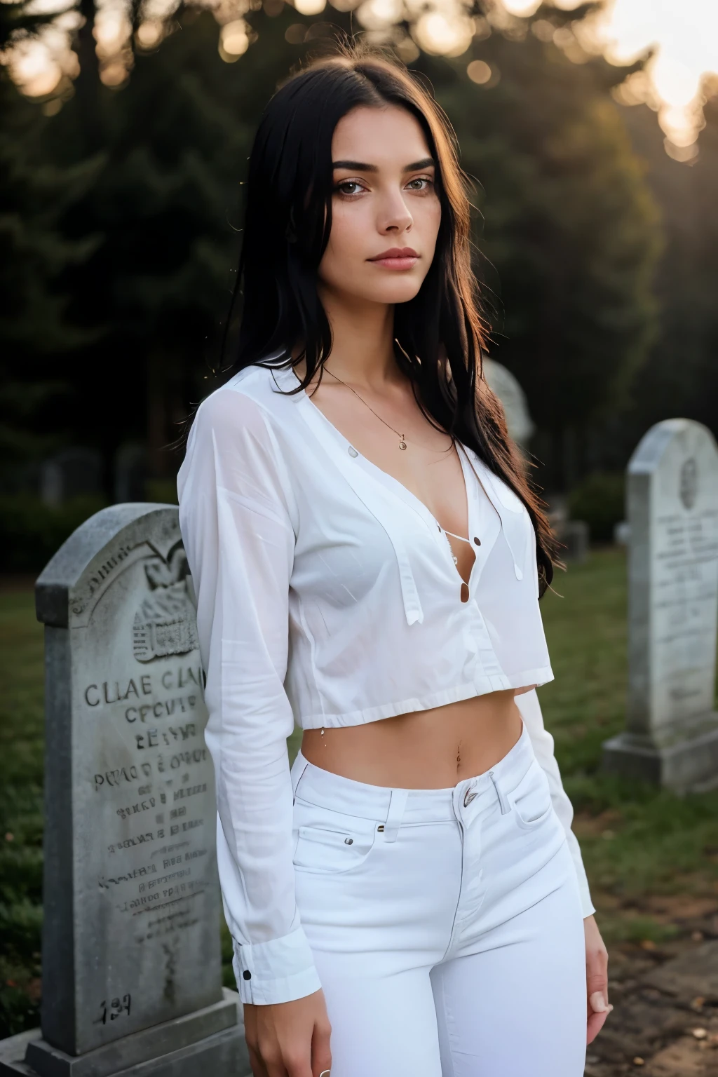 Generate me a very dramatic and emotional image of a young woman, 25 years old, wearing a pair of very wet and skinny white denim trousers. Her beautiful, European face, adorned with a shining, long, straight black hair, is etched with deep sorrow and tears streaming down her cheeks. Her eyes, filled with an immense sadness, fixedly gaze upon her brother's grave. The image is a highly detailed, intricate masterpiece, rendered in best quality and sharp focus. Her skin, with its realistic textures and natural blushes, glows in the soft, aching light of the setting sun. The scene is captured in a profoundly moving, 4K photograph