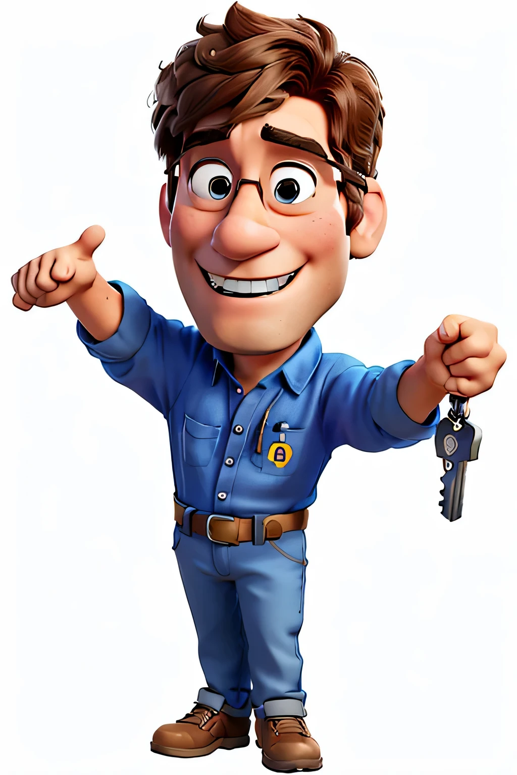 A Disney Pixar cartoon man holding a car key and a car-shaped key wearing a dress shirt with the Léco Vehicles logo, Jr, por Jim Davis, hd illustration, Direction: Joe Mangrum, Foto comercial, official illustration, em estilo Disney, Direction: Joe Sorren, digital rendering, NO, my interpretation, low resolution, Avatar para site, mechanic, Alexandre, por Robert Richenburg, foto do perfil, Alexandre Yanes