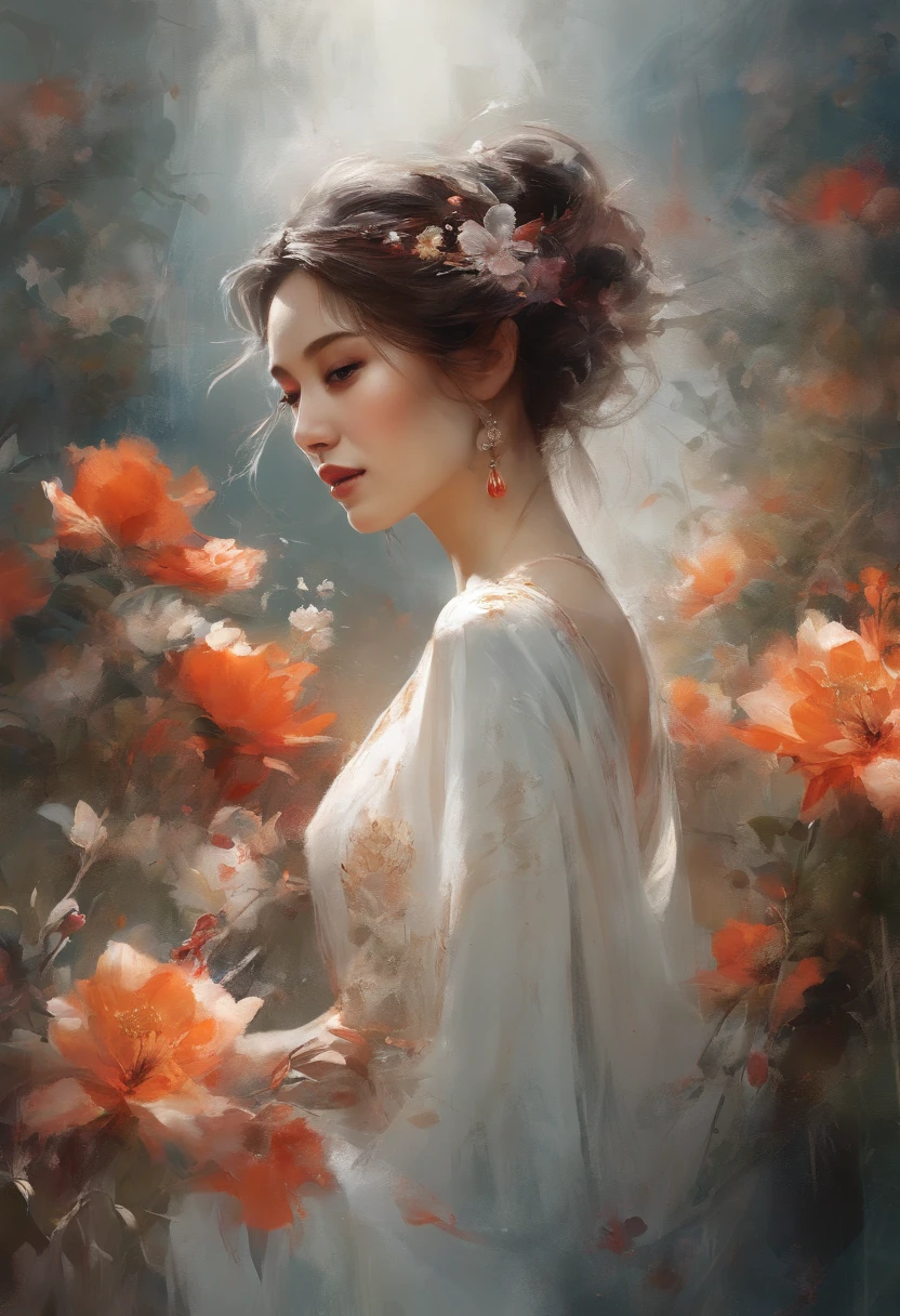 完美center, magical flowers, Oriental beauty cheerful, standing posture, abstract beauty, center, looking at camera, face camera, nearly perfect, Dynamic, Very detailed, Smooth, sharp focus, 8k, high resolution, illustration, Artwork by Carne Griffiths and Wadim Kashin, White background abstract