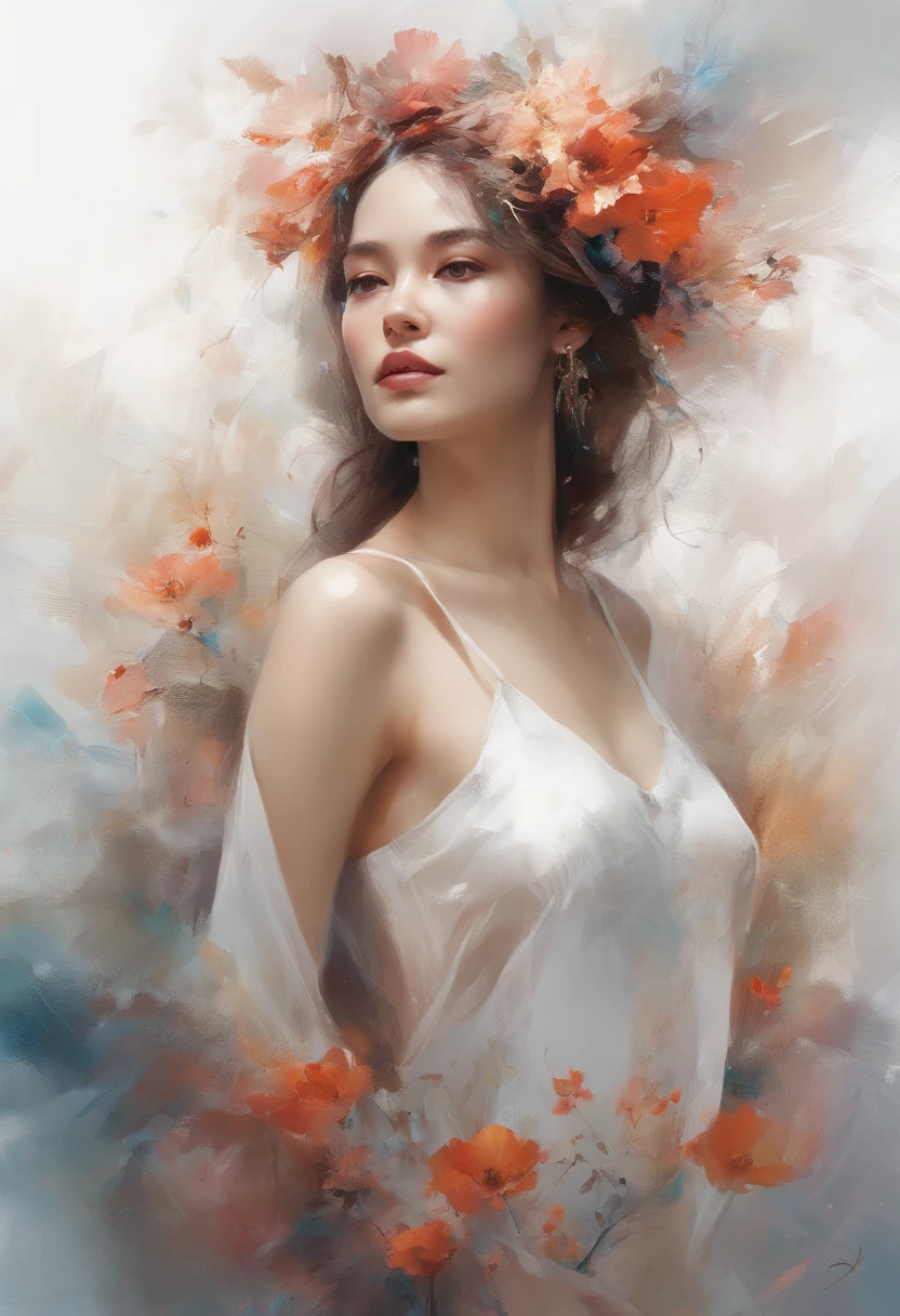 完美center, magical flowers, Oriental beauty cheerful, standing posture, abstract beauty, center, looking at camera, face camera, nearly perfect, Dynamic, Very detailed, Smooth, sharp focus, 8k, high resolution, illustration, Artwork by Carne Griffiths and Wadim Kashin, White background abstract