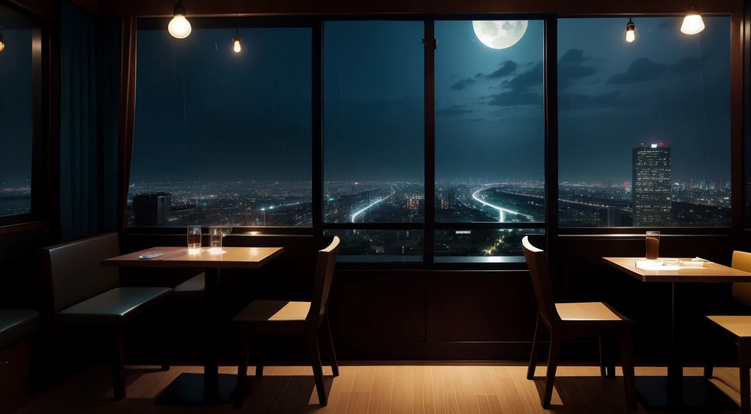 Sky from evening to night、Lo-Fi Hip Hop、Cafe with small lights、A few guests、The view outside the window is a residential area、Silence、It's raining a little、