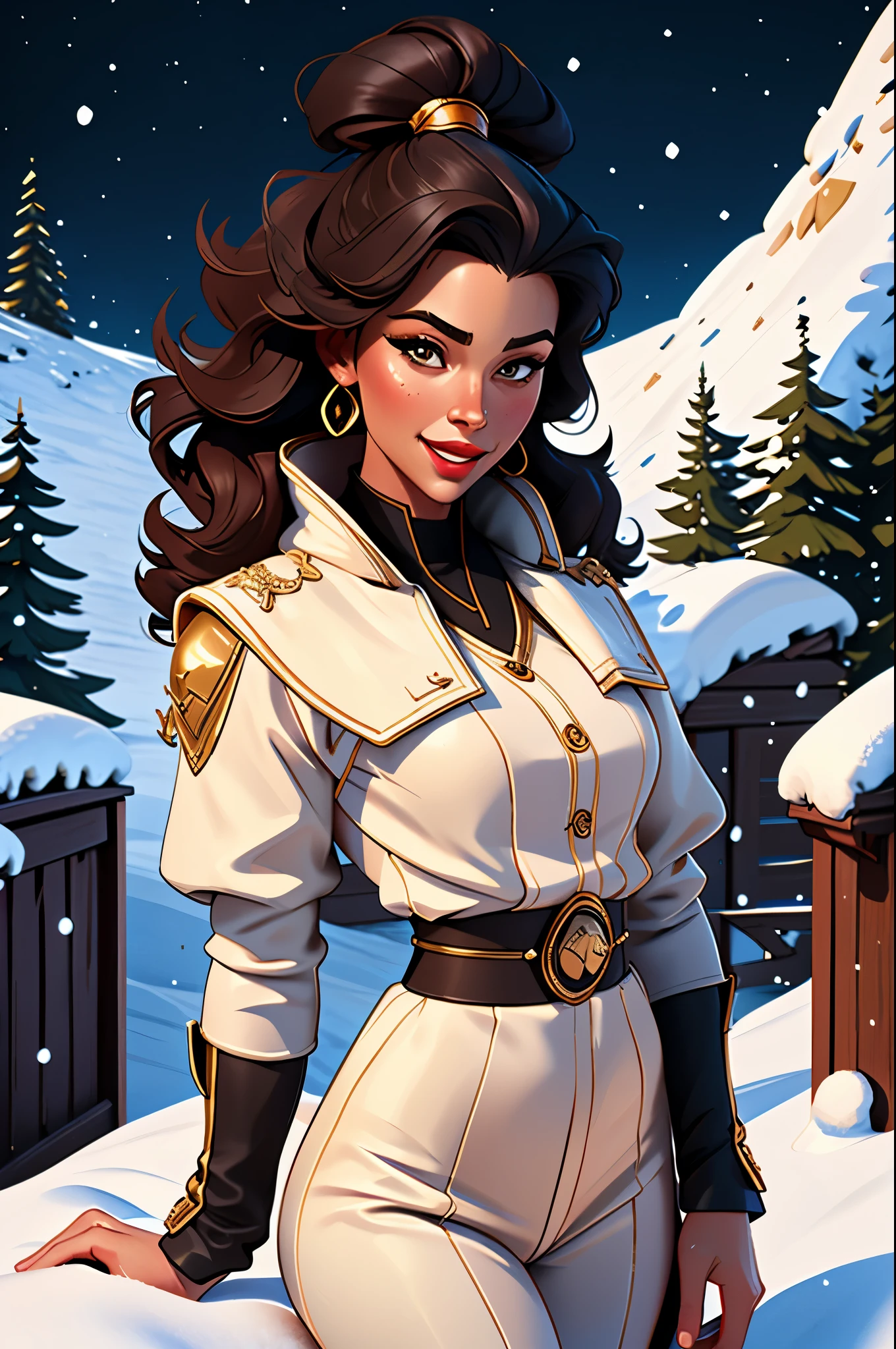 lifelike, high resolution, soft light,1 female, alone, Buttocks up, shiny skin, (Detailed face),tattoo, jewelry, winter clothes, coat, snow, night, curls, beautiful soldier, catch the audience's eyes, Lover's perspective, invitation expression, sexy smile, perfect style, Perfect balance, Delicate skin, naughty look, chest visible