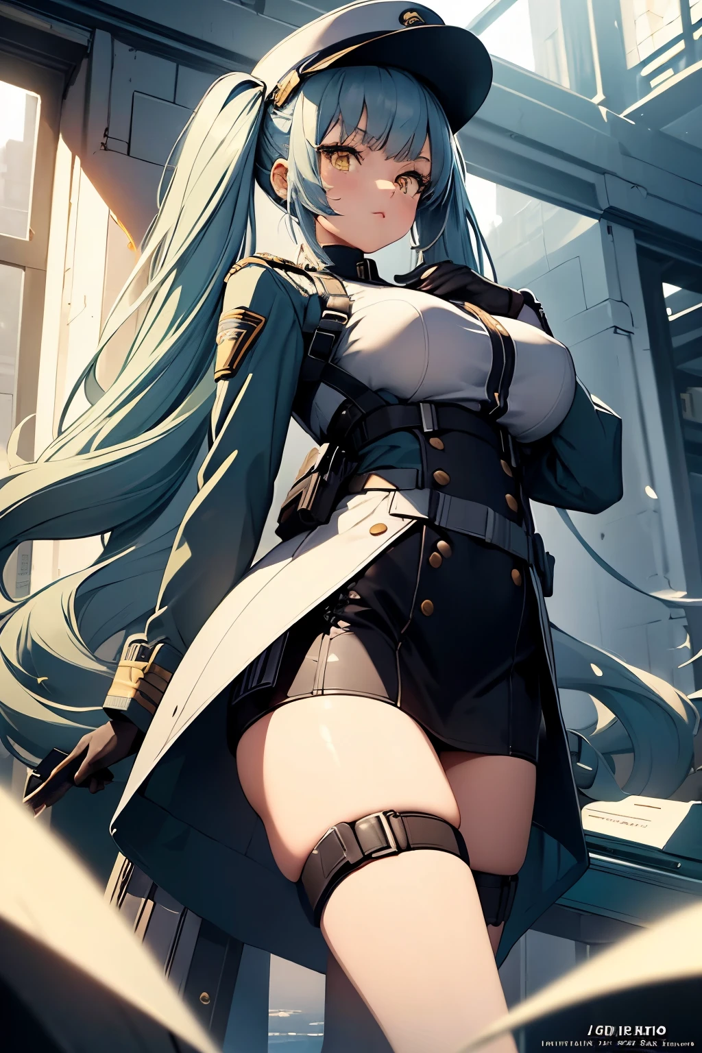 (best quality:1.3), (masterpiece:1.3), (illustration:1.3), (ultra-detailed:1.3), (mid shot:0.9), 1girl, solo, military uniform, long sleeves, straps, black thighhighs, white uniform, large breasts, yellow eyes, blue hair, twin tails, holster, hat, embarrassed, tsundere, looking at viewer, gloves, coat,