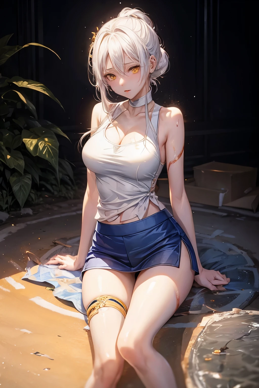 1 girl, tank top, I&#39;m sick. ,white hair, yellow eyes, magic circle, blue light, เปลวblue light, Wallpaper, terrain, blood, blood splatter, depth of field, at night, light particles, light rays, On the side of the road, thigh, luck \(set\), Genshin Impact, ****, open jacket, skirt, thighสูง, Cloud,sexy poses,shorts