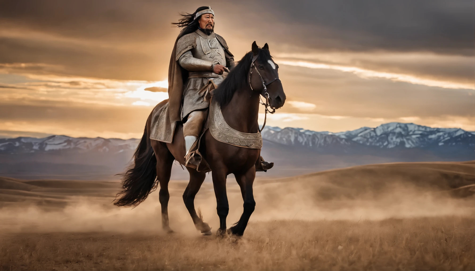 In the vast Mongolian landscape, a majestic bust of Genghis Khan atop a gallant horse proudly stands. This breathtaking photograph captures the essence of the legendary conqueror and his trusted steed. The meticulously carved details of the bust showcase the strength and determination etched on Genghis Khan's visage, while the horse exudes grace and power. The image, rendered in vibrant colors and stunning clarity, immerses the viewers in the awe-inspiring presence of this historical figure, reminding us of the enduring legacy of an iconic leader.