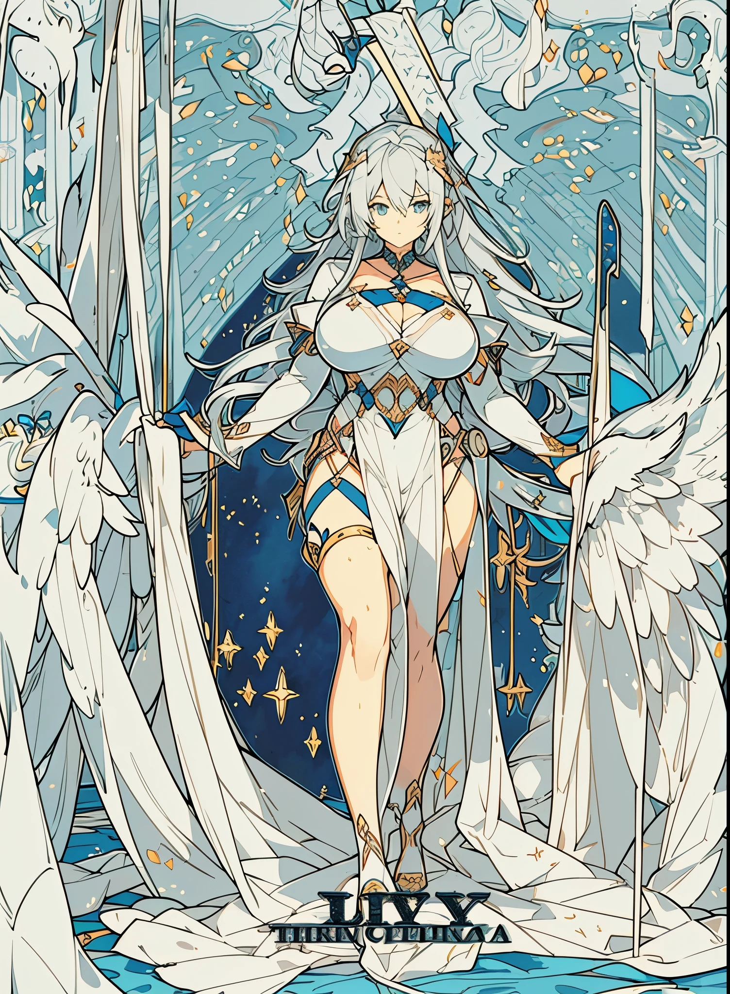 Extremely detailed,high resolution,Extremely detailed,Best quality,Astonishing,quality,Intricate details,Extremely detailed CG unified 8k wallpaper,Taro an angel,(Huge breasts),Silver Hair,blue eyes,((((1 female)))),18 years old female,long hair(((Full breasts,)))(((Large Breasts))) (((Cleavage))),