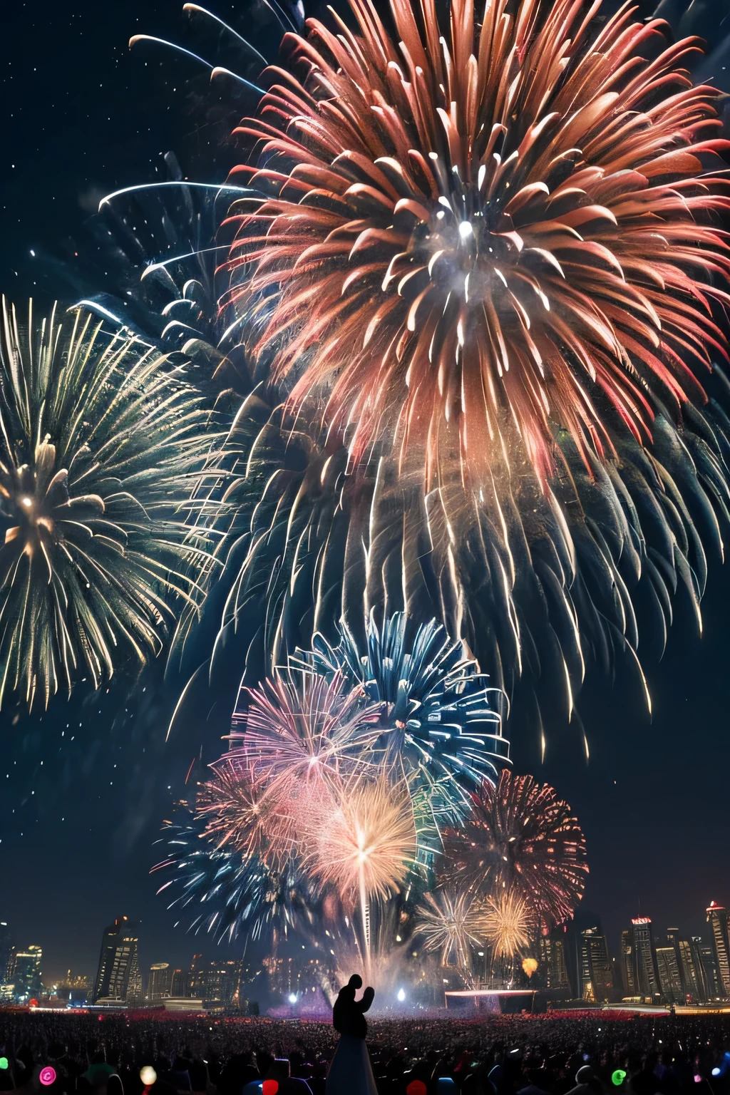 “(best quality,4K,8k,high resolution,masterpiece:1.2), Gorgeous fireworks bloom in the night sky, Colorful sparks burst into the air, festive atmosphere, Joyous celebration, Families and friends come together, countdown to midnight, Brilliant fireworks show lights up the city, The air is filled with cheers and laughter, A symbol of hope and new beginnings, Vibrant colors dance in the sky, excitement of the crowd, Twinkling lights create a magical atmosphere, amazing spectacle, Fireworks light up the night, Capture the moment of awe and wonder, Stunning visual effects, vibrant red, blue, and golds, a feeling of anticipation and excitement, A grand celebration to celebrate the new year, Moments of pure joy and happiness, The beauty of fireworks shines in everyone&#39;s eyes, Memories worth cherishing forever. ”