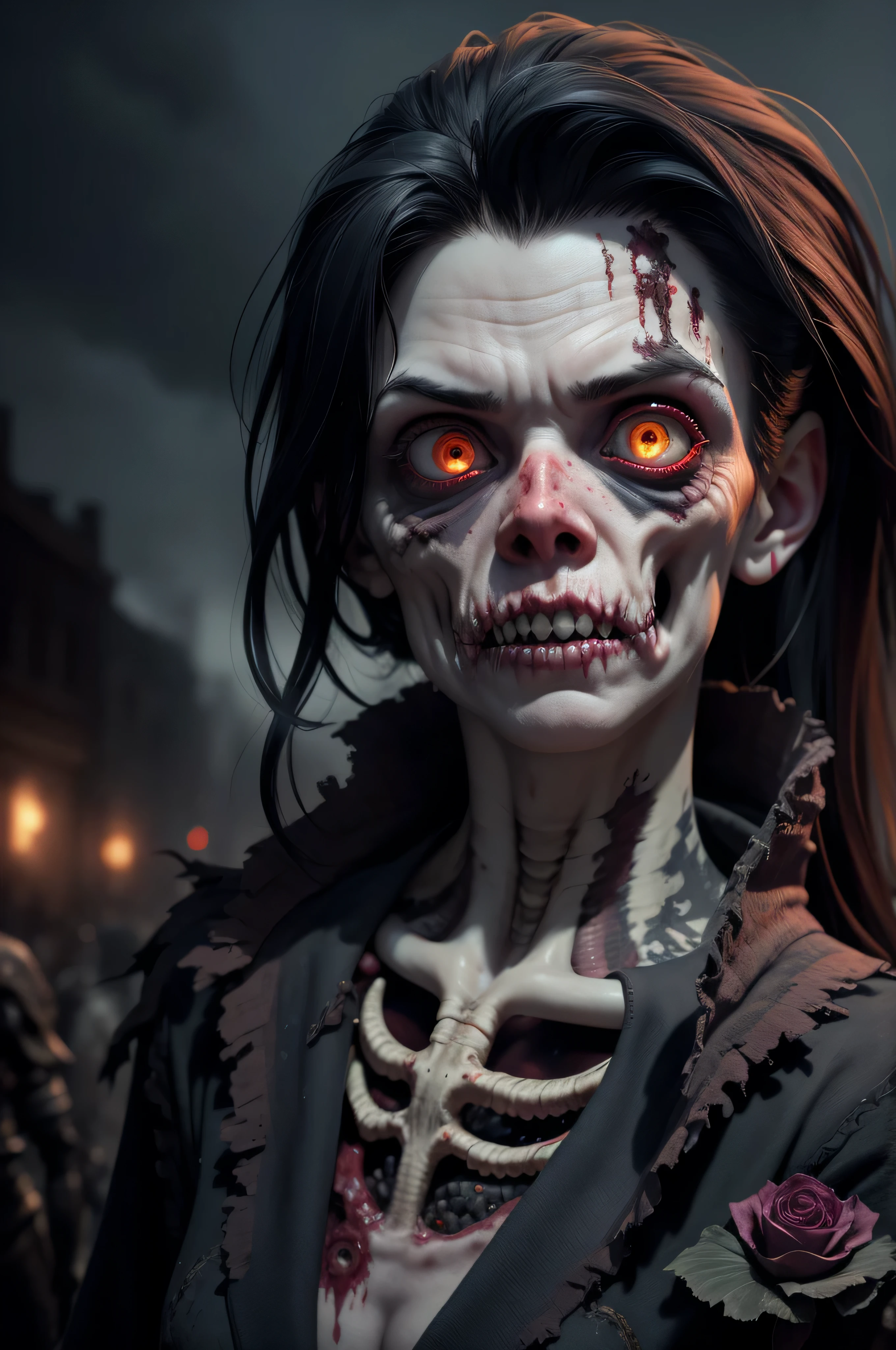 In a post-apocalyptic setting, twilight light bathes a desolate city as zombies emerge from the shadows. Their pale skin reflects the dim light, contrasting with the decadent surroundings. A zombie, notable for its cadaverous expression and empty eyes, slowly advances, highlighting the imminent threat. The visual composition evokes tension and horror, creating a magazine cover-worthy image that captures the terrifying essence of the world of the undead.
