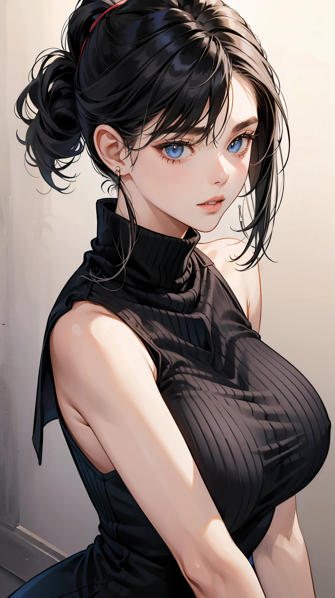 1girl, turtleneck dress, black hair, sleeveless, parted lips, large breasts