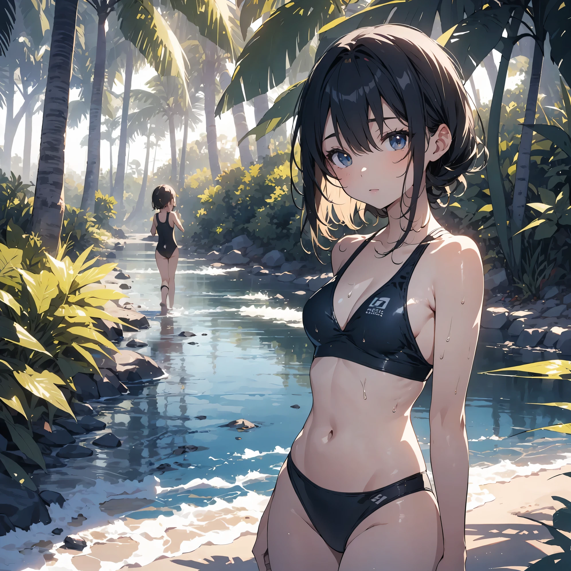 Super high quality by the art god, super detailed, High resolution, Kyoto animation style, anime moe art style, best anime 8K konachan wallpaper, pixiv contest winner, perfect anatomy, break,(Please draw a picture of a girl in a swimsuit walking on the beach alone. )break, 1 girl, (alone,little woman, ta, , 13 y),All limbs, full finger,, The charm of an immature body, (very short hair), Wet hair, flat chest, small ass, between legs, small eyes, beautiful and fine eyes, Well-proportioned iris and pupils, expressive eyes, High resolutionの詳細な髪, Wet, shiny skin, swimsuit, (detailed lighting), (detailed background),On the private beach, break,super dense skin, Best lighting by famous artists, 8K, figure,UHD, rough skin