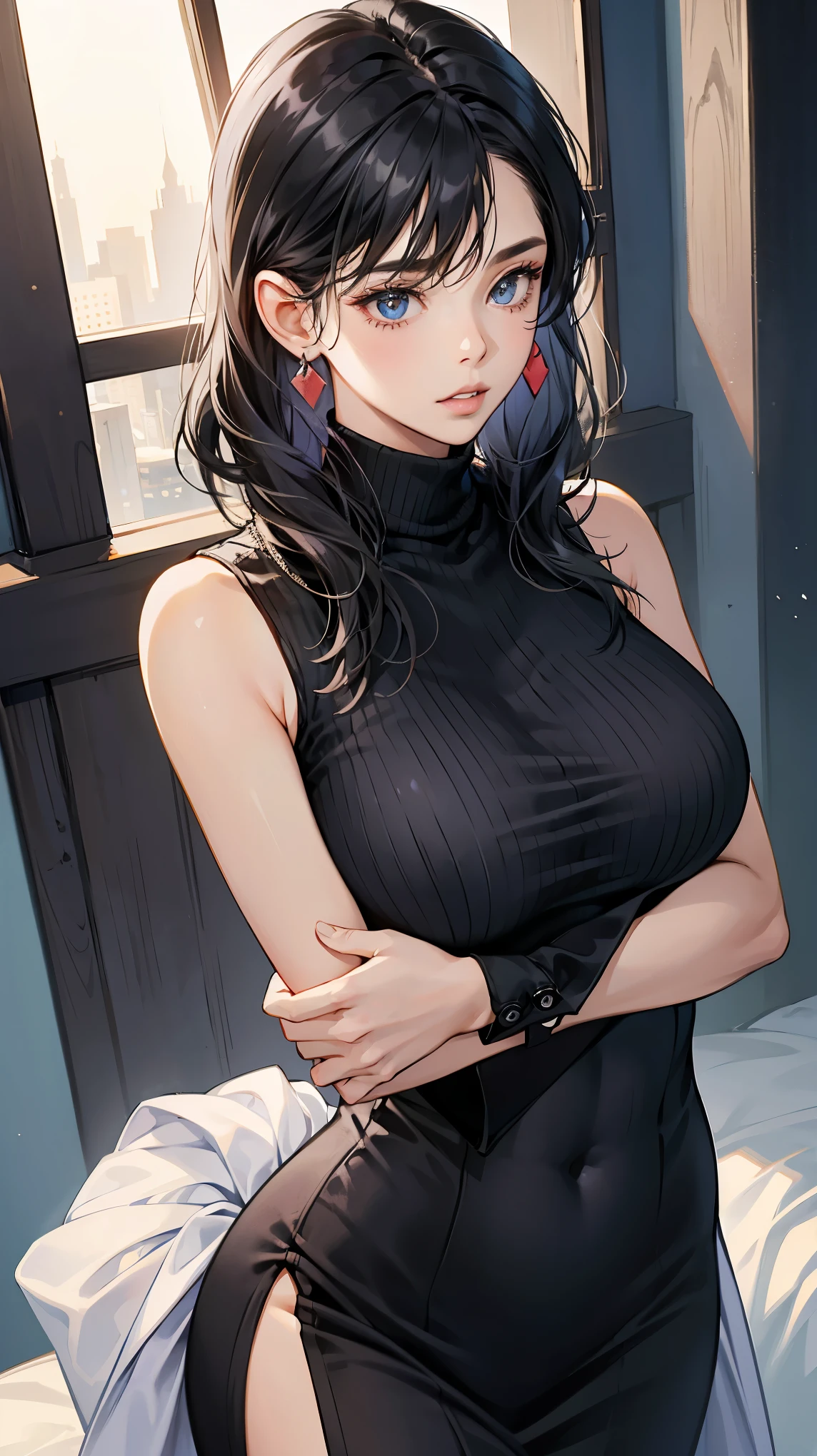 1girl, turtleneck dress, black hair, sleeveless, parted lips, large breasts