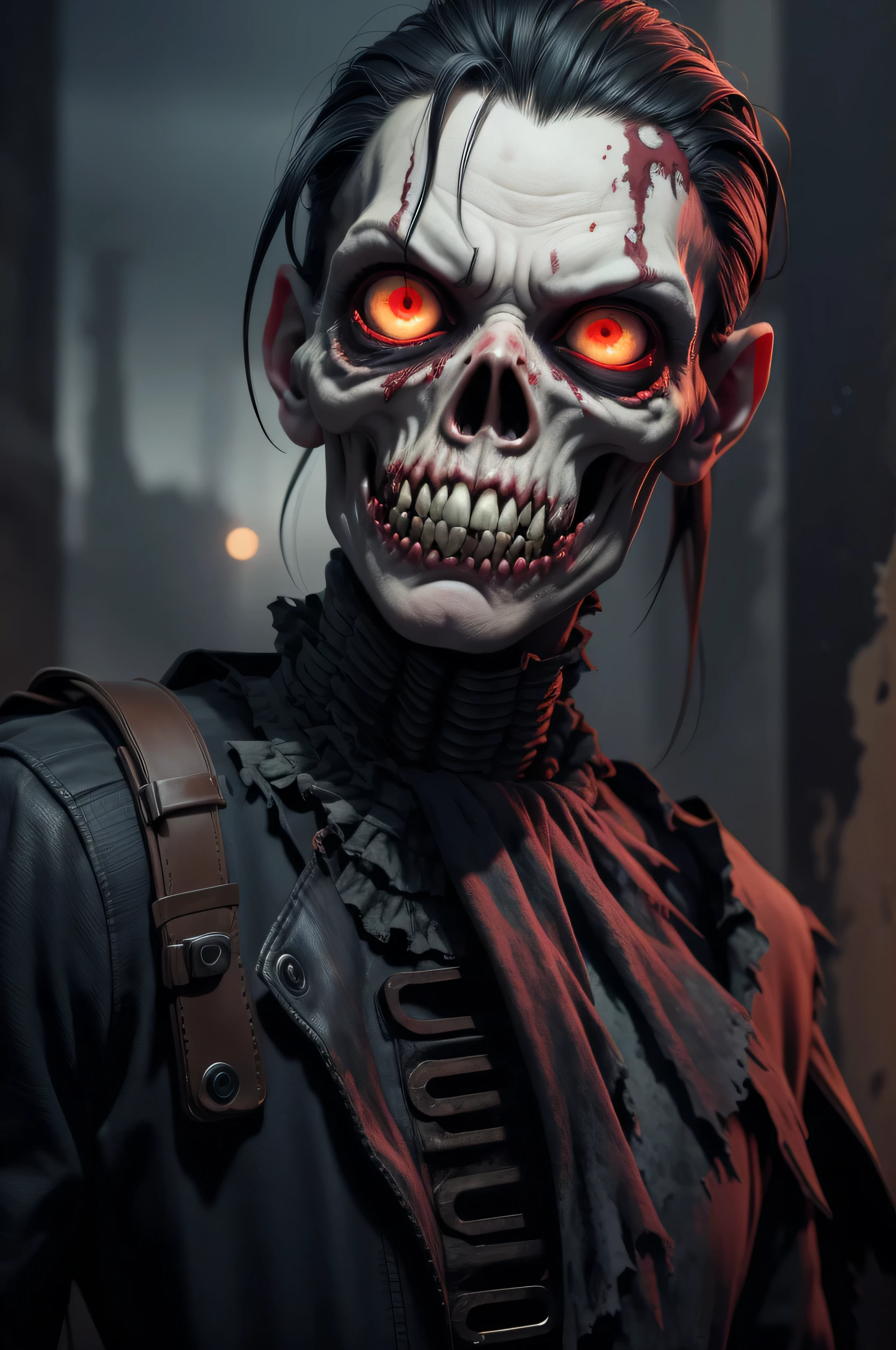 In a post-apocalyptic setting, twilight light bathes a desolate city as zombies emerge from the shadows. Their pale skin reflects the dim light, contrasting with the decadent surroundings. A zombie, notable for its cadaverous expression and empty eyes, slowly advances, highlighting the imminent threat. The visual composition evokes tension and horror, creating a magazine cover-worthy image that captures the terrifying essence of the world of the undead.