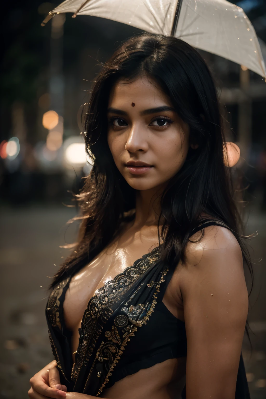 At night, RAW photo, (((extremely beautiful portrait))), ((glistening skin)), 1 indian girl, 20 years old girl,wearing sexy saree ((natural black hair)), [black eyes], long hair, eyeliner, fluttering hair, vibrance, ((masterpiece, best quality, hyper detailed, Cinematic light, intricate details, highres, 8k, extremely detailed)), detailed background, 8k uhd, dslr, soft lighting, high quality, film grain, Fujifilm XT3, shallow depth of field, natural light, (perfect hands), perfect face