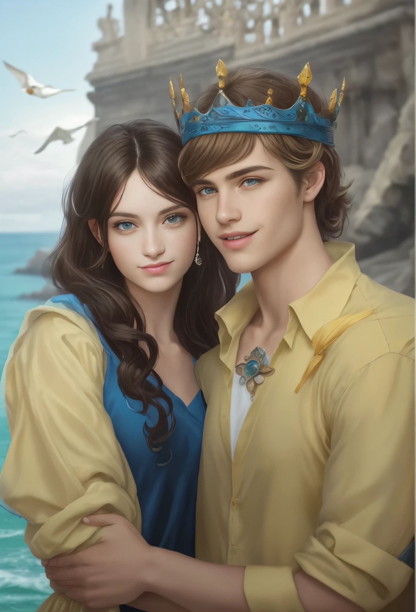 High resolution, brunette girl and blonde guy, 15 years old, 30 years old, yellow eyes, pattern of stones on the face from forehead to temples, brunette, temples slightly shaved, long black hair pulled back in a ponytail, temples slightly shaved, dressed in a silk shirt and loose trousers, bright blue eyes, portrait, the sea in the background, seagulls, realism, fantasy