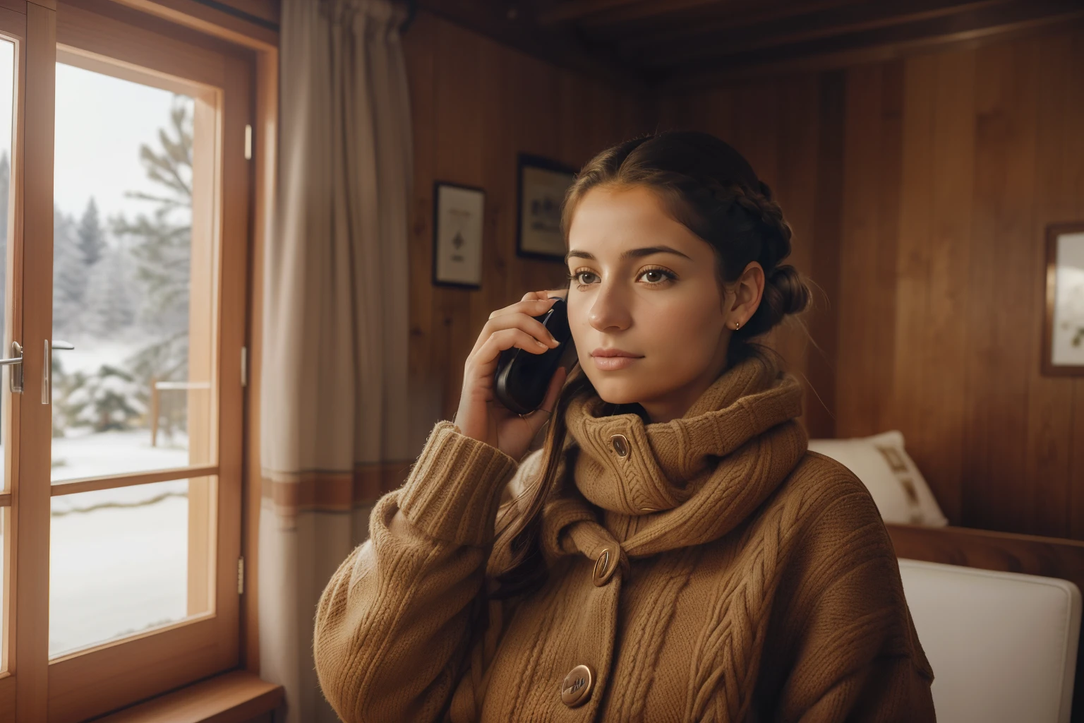Huelva, Spain, 2002. ((((20-year-old)) Inés)), light eye color, talking on a phone in a winter lodge location. ((((casual winter clothings from the 2000s)))), ((hairstyle of the 2000s))