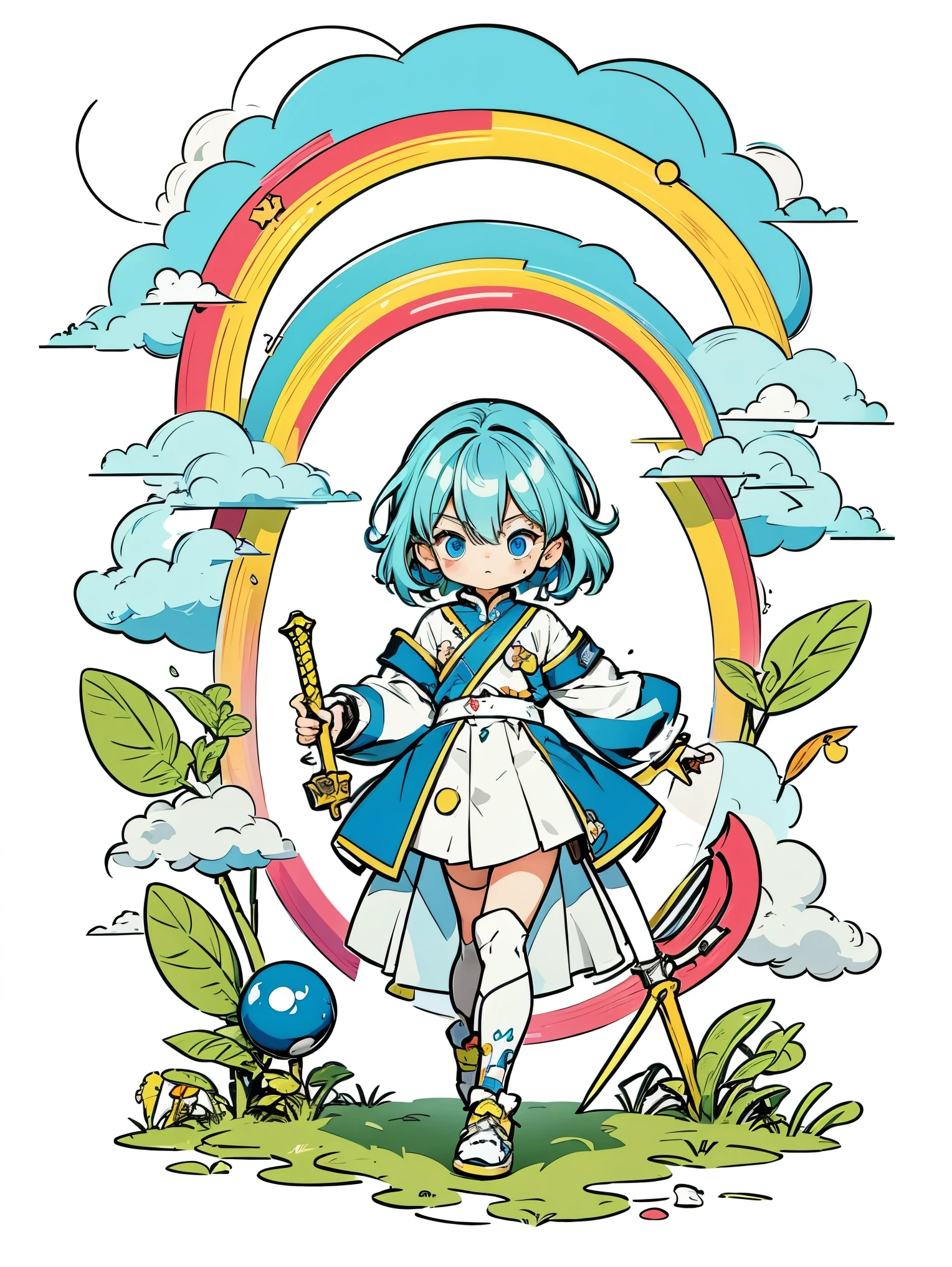 ((sticker))，sticker，1 girl, with sword, White background,simple background,concept art,under art，anime style，dreamland wonderland、fantasy，masterpiece，HD，colorful，detailed details，Seven colors,(best quality,masterpiece, complex,Ultra-detailed,8K超HD,ultra high resolution，Very detailed)，