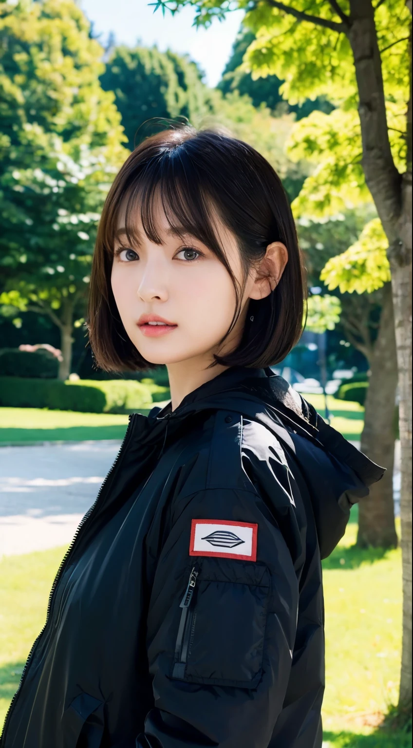(super highest quality、Masseter muscle part、delicate illustrations、Full body Esbian)short haired、black hair、generation々tree park、Down jacket、20 year old girl、taken from random angles
