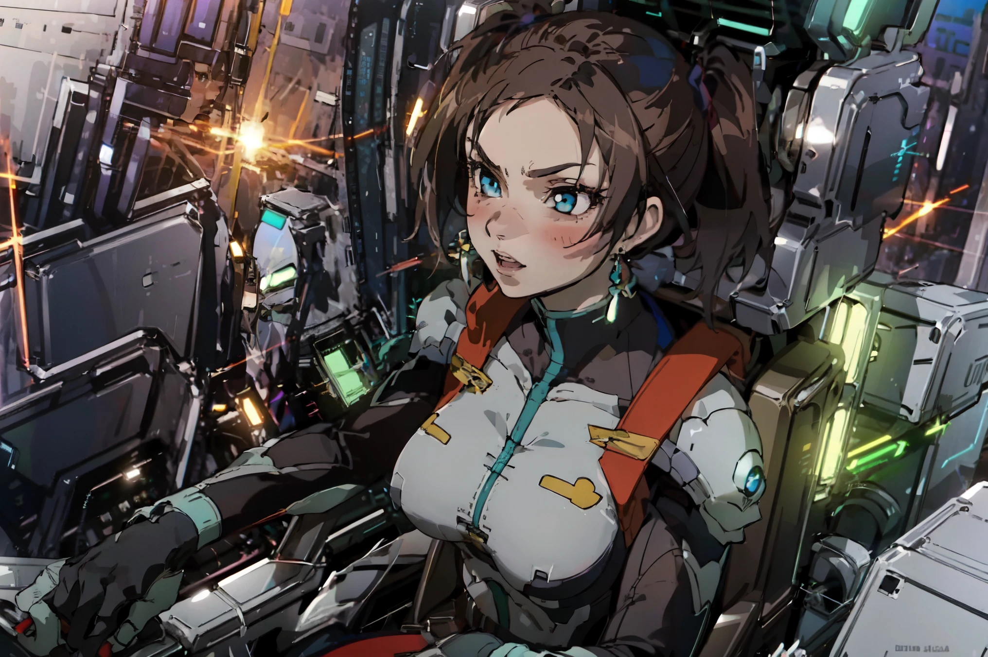 "In a futuristic cockpit, a beautiful girl with light brown hair tied up in twintails captivates with her noble temperament. Her eyes, vibrant purple and highly detailed, add a touch of mystique to her flawless face. She wears a red tie that complements her attire, while mechanical buttons surrounding her add a futuristic touch. The scene is bathed in a purple hue, accentuating the girl's captivating presence. The lighting creates a sense of depth and adds an ethereal glow to the entire composition. This artwork is of the best quality, with ultra-detailed features and a photorealistic style that brings the girl and her surroundings to life."