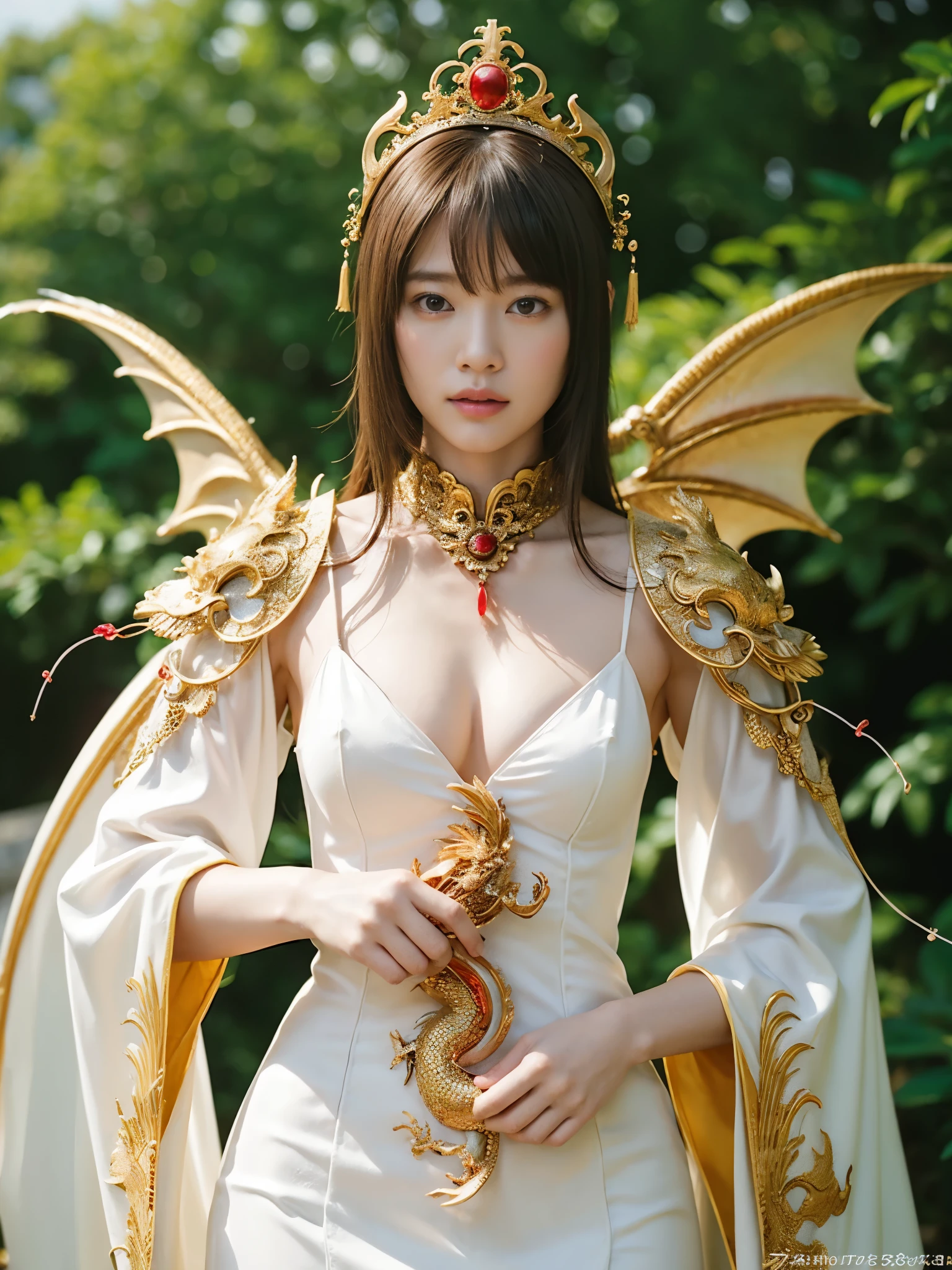 (Fight fiercely with dragons)、top-quality、masterpiece、超A high resolution、(White Dragon Armor)、dragon armor、(Wearing a beautiful crown made of jewels),(Photorealsitic:1.4)、Raw photo、1人、Golden hair、glowy skin、(((Chinese Dragon)))、(Gorgeous Jewelry Necklaces)、(Mystical expression)、(Fight big dragons)、With a beautiful knife、(White Metal Bodysuit)、(beautiful forest background)、Precipitous cliffs、(Small LED)、((super realistic details))、portlate、globalillumination、Shadow、octan render、(One-Eyed Scouter)、8K、ultrasharp、Colossal tits、Raw skin is exposed in cleavage、metals、Details of complex ornaments、Japan details、highly intricate detail、Realistic light、CGSoation Trends、Red Eyes、radiant eyes、Facing the camera、neon details、(Mechanical limbs)、(blood vessels connected to tubes)、Mechanical vertebrae attached to the back、mechanical cervical attaching to neck、(Wires and cables connecting to the head)、Gundam、Small LED、,Mechanical thighs、Toostock、(Hands are also made of machines)、(veils)、