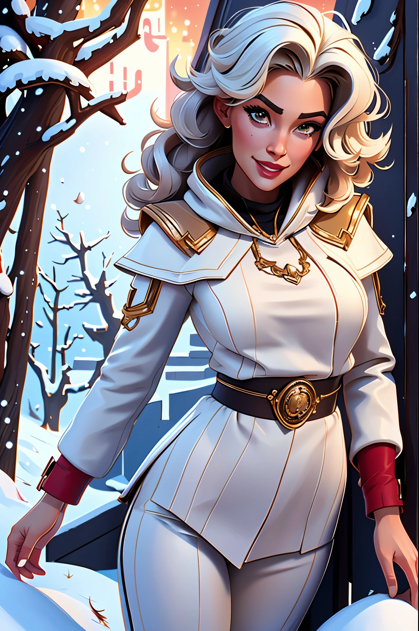 lifelike, high resolution, soft light,1 female, alone, Buttocks up, shiny skin, (Detailed face),tattoo, jewelry, winter clothes, coat, snow, night, curls, beautiful soldier, catch the audience's eyes, Lover's perspective, invitation expression, sexy smile, perfect style, Perfect balance, Delicate skin, naughty look, chest visible